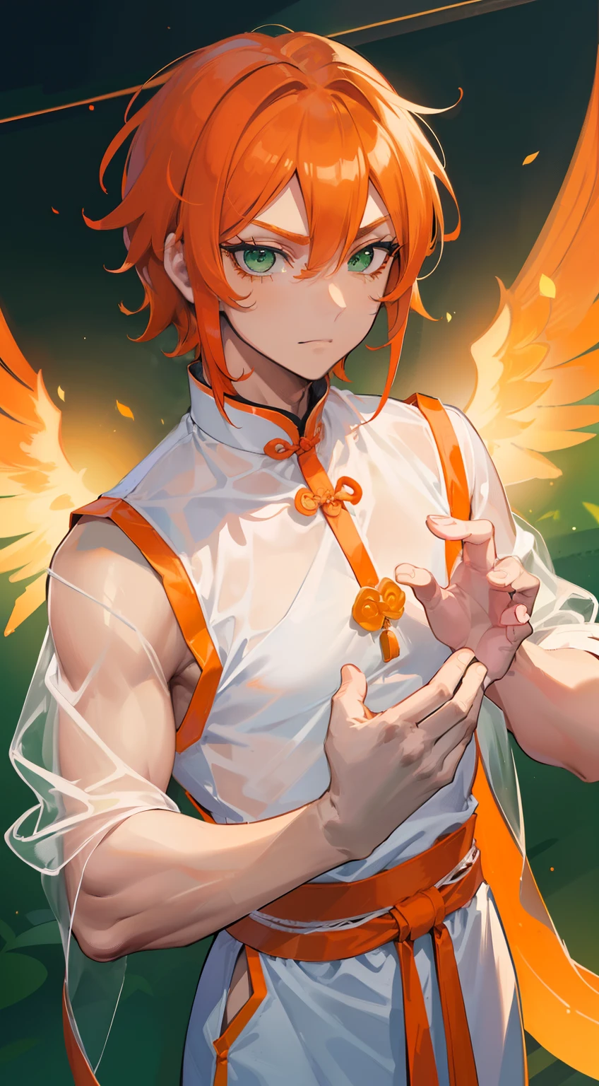 (((Guy))), (((man))), (((Man's))),(((masutepiece))), (((Beautiful lighting))),(((muscular))),(((man))),(((40 years),(((Green eyes))),(((Orange hair))), Male face,male eyebrows, Male Eyes, Eyelashes, Medium Hair,Beautiful face, v shaped_eyebrow,White skin,Transparent wings,Chinese_Clothes,(((Black clothes,)))garters_lanyard, See-through,The light of the Buddha shines, holy,