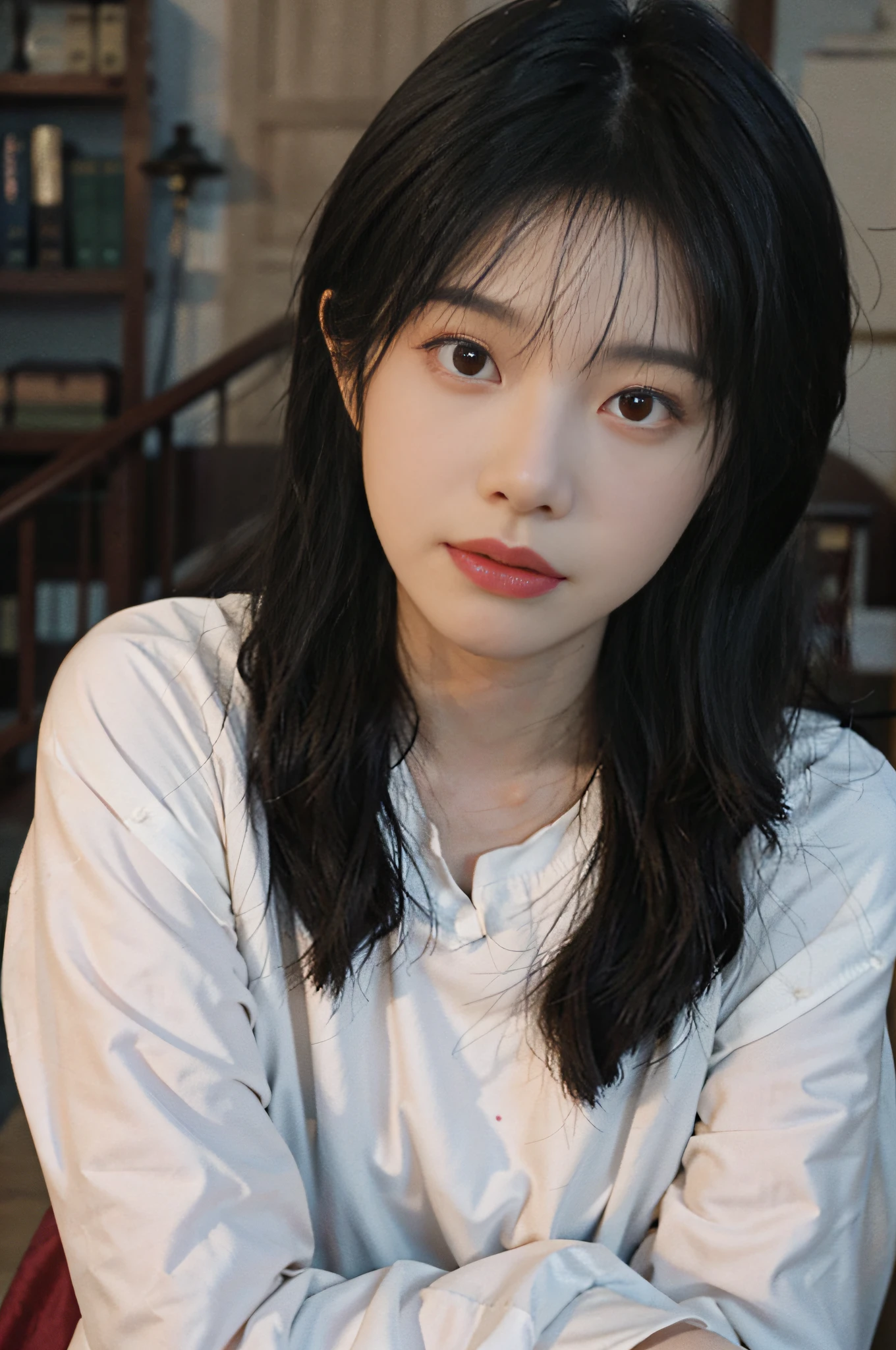 Temperament girl,Delicate facial features,By bangs,Pink ponytail,hair messy,The hair is extremely realistic,The background is the bookstore staircase,seaview,Du Qiong,Delicate makeup,Light red lips,largeeyes,二重まぶた,Black holes,Bright eyes,facial-symmetry,The face is very real,a narrow waist,upper legs,Detailed portrayal of the girl's face,Blushlush,Super high value,Look at the audience,Realistic skin,Skin shines and reflects,art work,The clothes have an authentic fabric texture,photorealistic paintings,cinematic style,Photography level,Ray traching,Realistic light and shadow effects,真实感,A masterpiece,It's like the best photography,8K