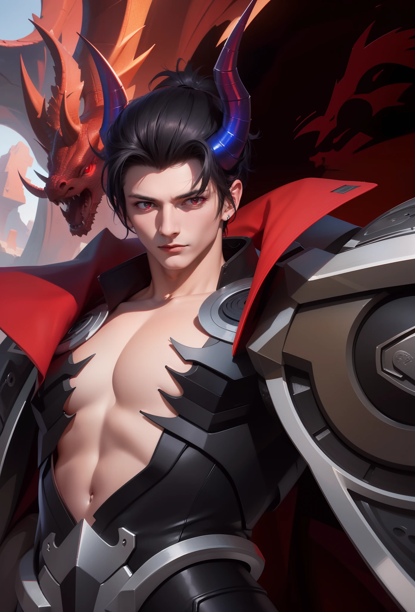 Attractive profile picture, masterpiece, ultra-precise rendering, beautiful and cool man, trustworthy, dependable man, savior of the world, simple design, most beautiful image, 4K, light red eyes, the color of the clothes is the same as the original, dragon horns, red eyes, black dragon, red dragon.