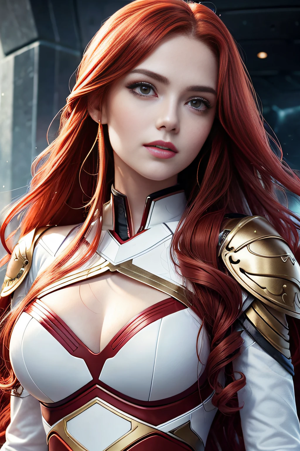 Valkyrie with long red wavy hair，Close-up of face details，Feminine，Front lens，Portrait photo，White sci-fi costume，Female facial contours，Gentle face，Serious expressions，sportrait