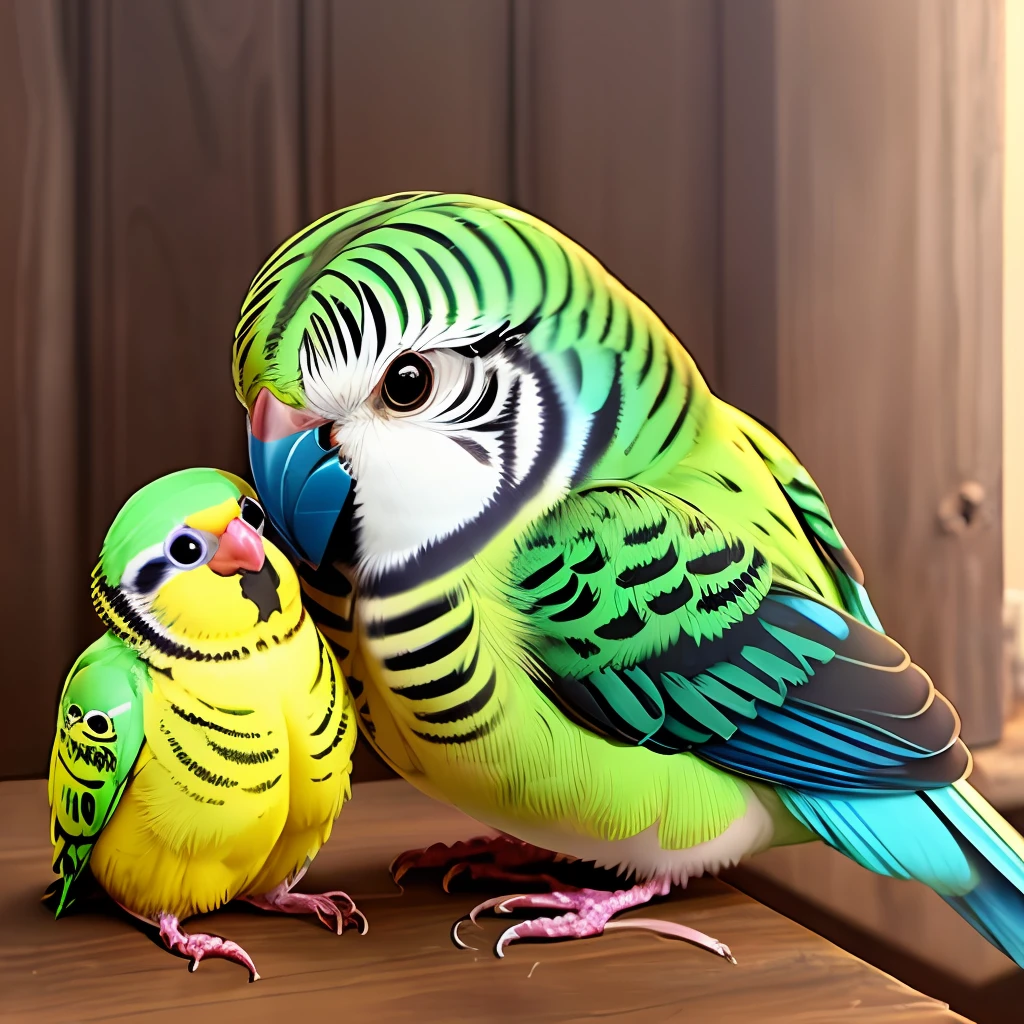 Budgie, fluffy, beautiful yellow, light green, purple cheeks, chubby, round eyes, eating a lot