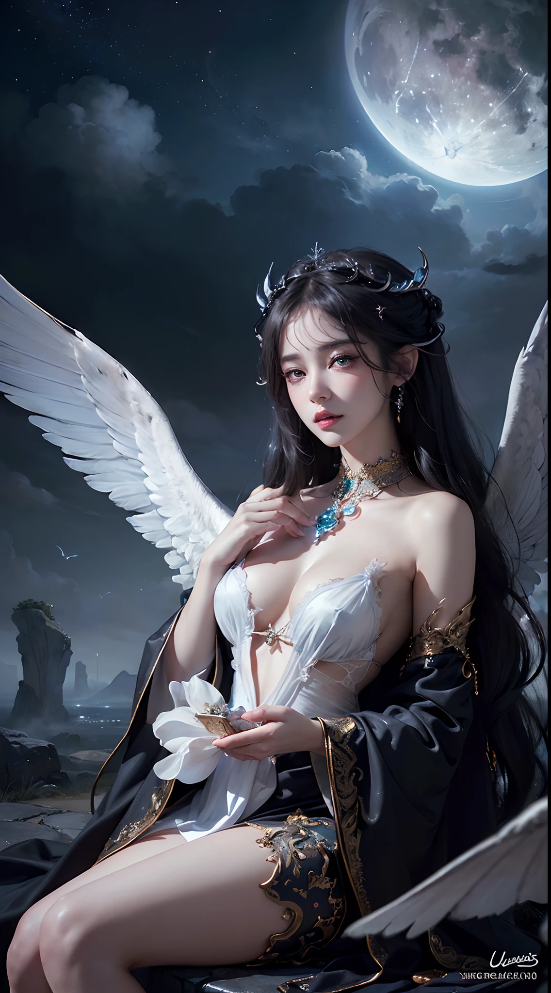 ((Need)), ((tmasterpiece)), (A detailed), Enchanting succubus, Ethereal beauty, Perched in clouds, (fantasy illustrations:1.3), Seductive gaze, captivating posture, delicate wings, otherworldly charm, Mysterious Sky, (Luis Royo:1.2), (Yoshitaka Amano:1.1), Moon Night, pastelcolor, (Detailed cloud view:1.3), (A high resolution:1.2)，Close-up shot，Close-up shot，Black eyes，Detailed beautiful eyes，angelicales，White wings，black-skinned