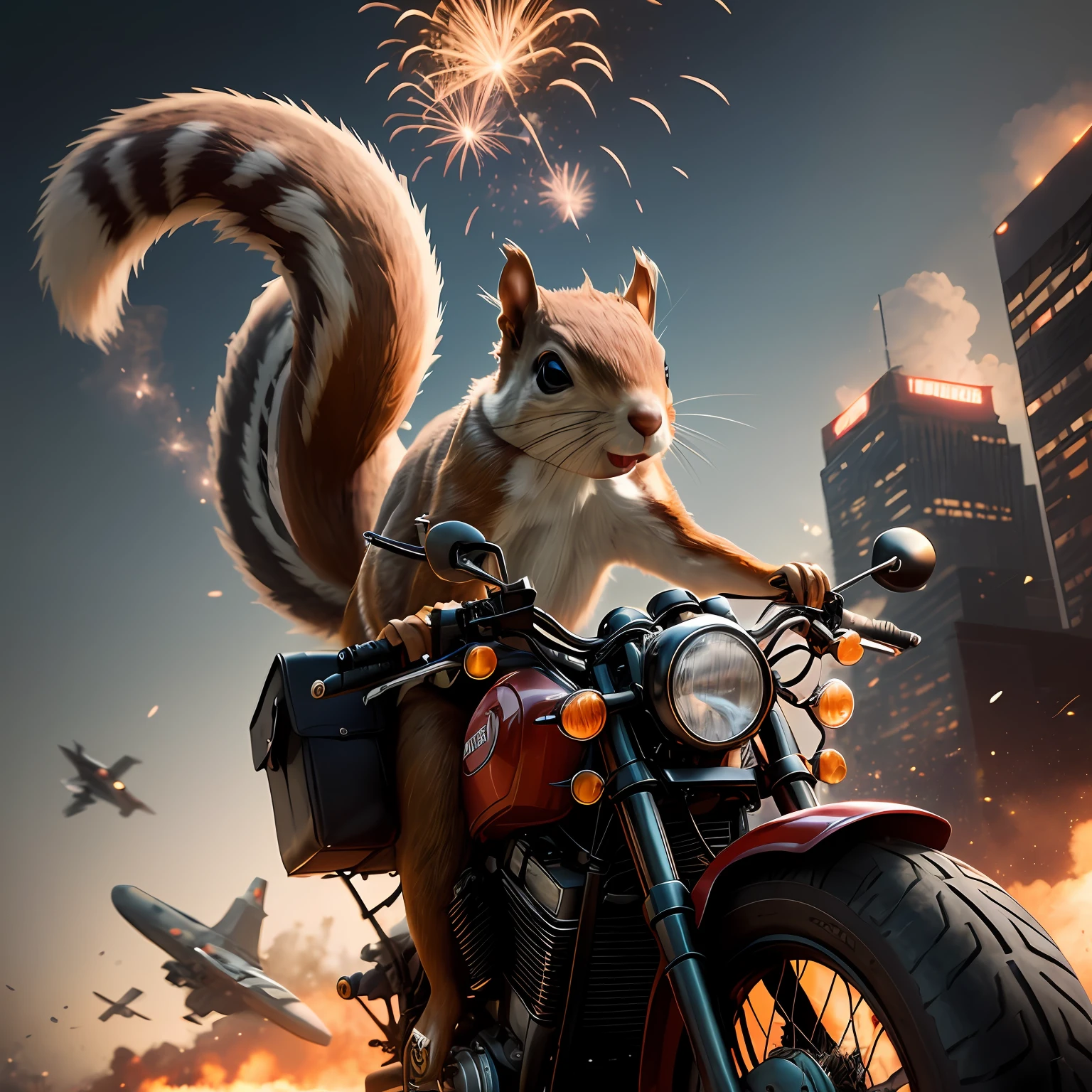 There's a squirrel riding a motorcycle with a firework in the background, Wojtek FUS, Directed by: Rudy Siswanto, 3 d epic illustrations, cg arte, epic digital art illustration, inspirado em James Gurney, inspirado em Rudy Siswanto, arte de fantasia peluda, Octane CGsociety, Trending in ArtStation 4K, guaxinim foguete, stunning digital illustration, Artista CG