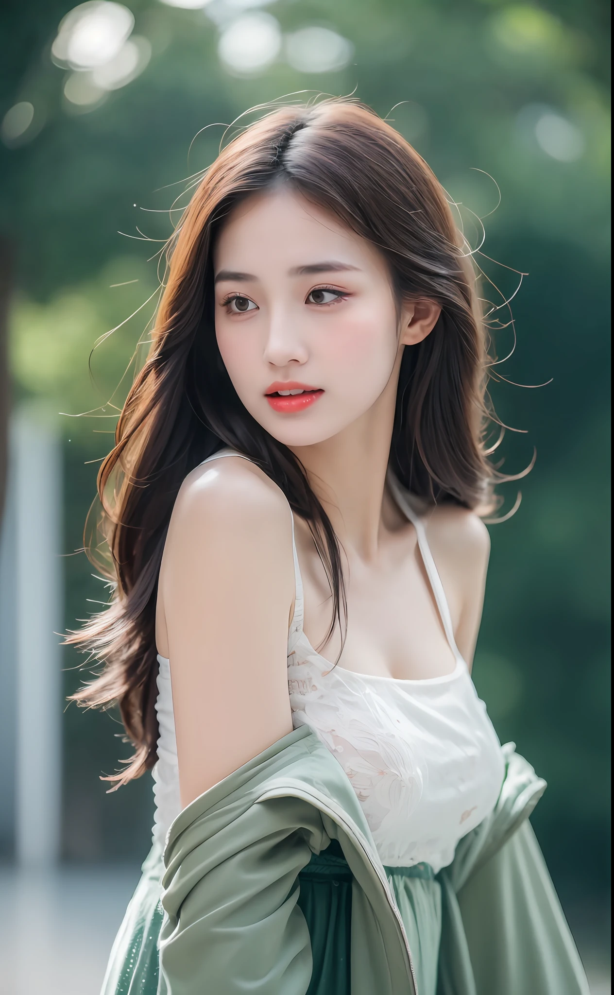((Best Quality, 8k, Masterpiece: 1.3)), Focus: 1.2, Perfect Body Beauty: 1.4, Buttocks: 1.2, ((Layered Haircut)), (Wet Clothes: 1.1), (Rain, Street:1.3), (Breasts: 1.2), (Hanfu: 1.2), Bare Shoulders, Bare Legs, Highly Detailed Face and Skin Texture, Fine Eyes, Double Eyelids, Whitened Skin, Long Hair, (Shut Up: 1.5), (Bokeh Background: 1.5), Big Breasts