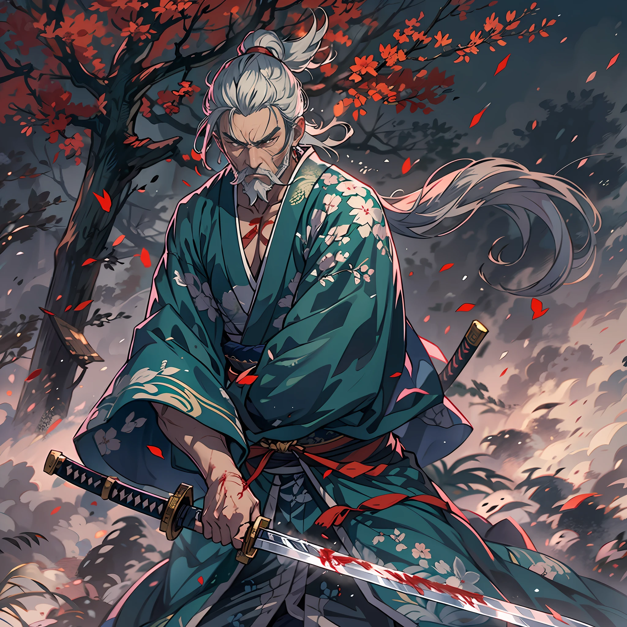 The Sword Saint Ichigami is a legendary warrior and founder of the Ashina clan. He is an old man with white hair and a beard, wearing a blue kimono with a black pattern and a white cloak. He carried a katana and a spear. He also had a gun hidden in his sleeve. He waits for Sekiro on the large meadow, who fights his grandson Genichiro Ashina for the first time. The fields were littered with blood and the bodies of soldiers killed in battle. The sky was dark, stormy, and occasionally lightning. Isshin appears from Genichiro's body after sacrificing himself to use the Black Mortal Blade to resurrect Genichiro. He respects Sekiro as a worthy opponent and challenges him to fight a final duel for Ashina's fate. moon, dark theme, light, fantasy,