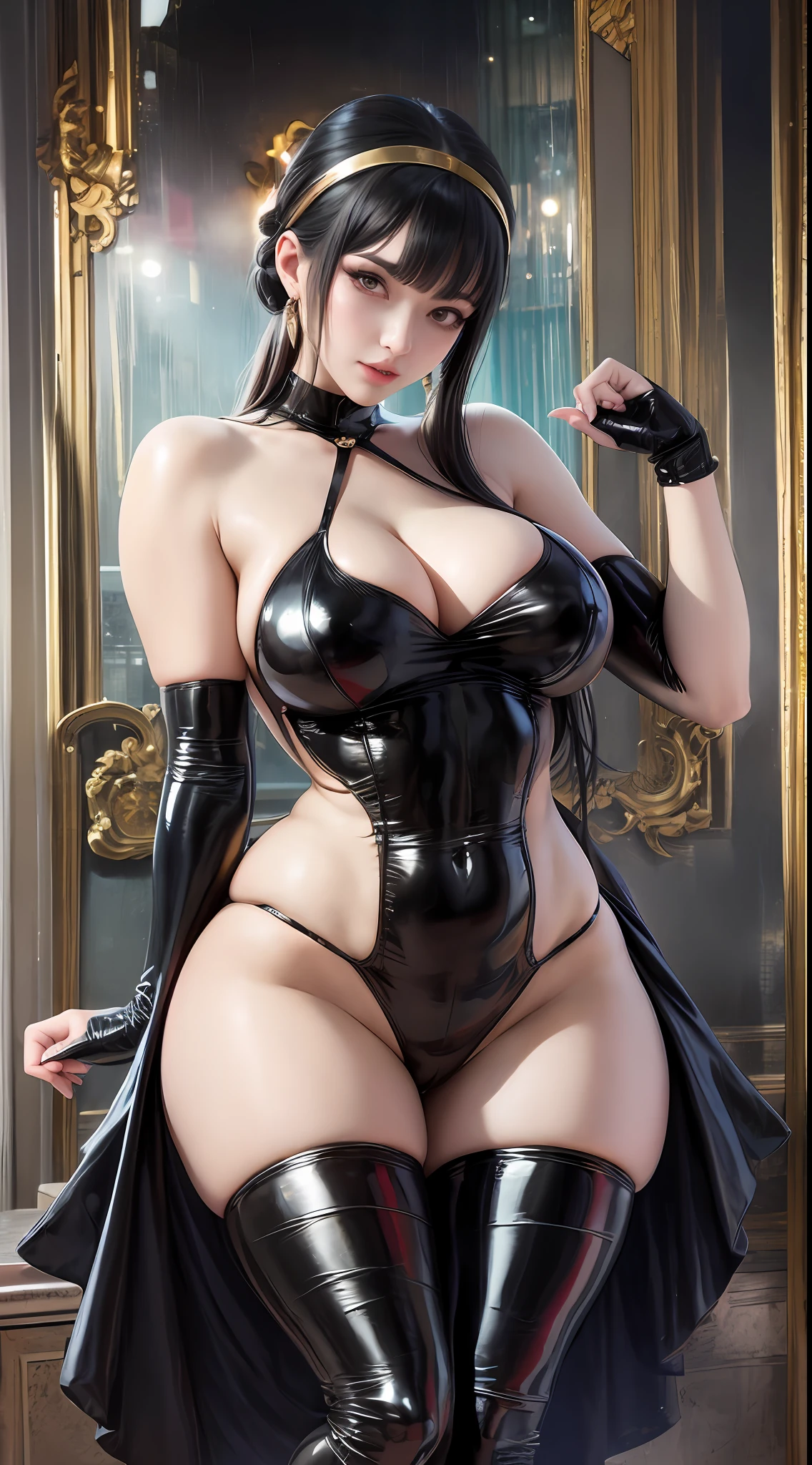 (Best quality, 4k, Masterpiece :1.3), beautiful woman, hyper realistic, 1girl, (droopy breasts, massive areola breasts pimples, attractive body :1.2, body and face all in milk), sit-ups :1.1, long black hair: 1.1, (wet rainy, wet by rain, wet body :1.2), ultra-detailed face, detailed lips, detailed eyes, double eyelid, sensual low-necked dress, open neckline, hanging breasts, side pose, visible curves, pool party, poolside, silver transparent mantle, muscular turned leg, yor, masterpiece, best quality, highres, aayorf, sidelocks, gold hairband, hair ornament, red eyes, gold earring, large breasts, choker, bare shoulders, black dress, two-sided dress, fingerless gloves, thigh boots, cowboy shot, standing, looking at viewer, outdoors, night, (perfect anatomy:1.2)