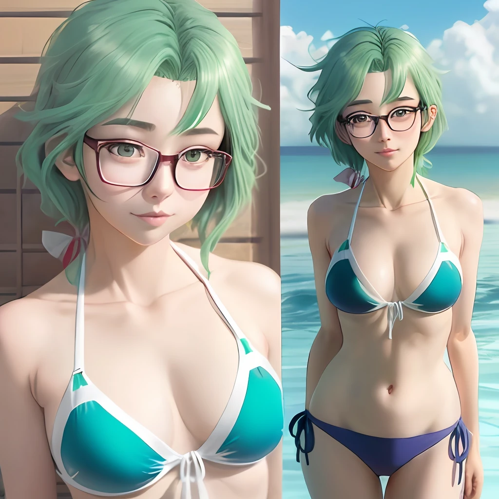 anime girl in a bikini with glasses and a green hair, seductive anime girl, fubuki, realistic bikini, anime moe artstyle, inspired by Rei Kamoi, inspired by Munakata Shikō, extremely detailed artgerm, full colored, marin kitagawa fanart, bathing suit, with glasses, ecchi anime style