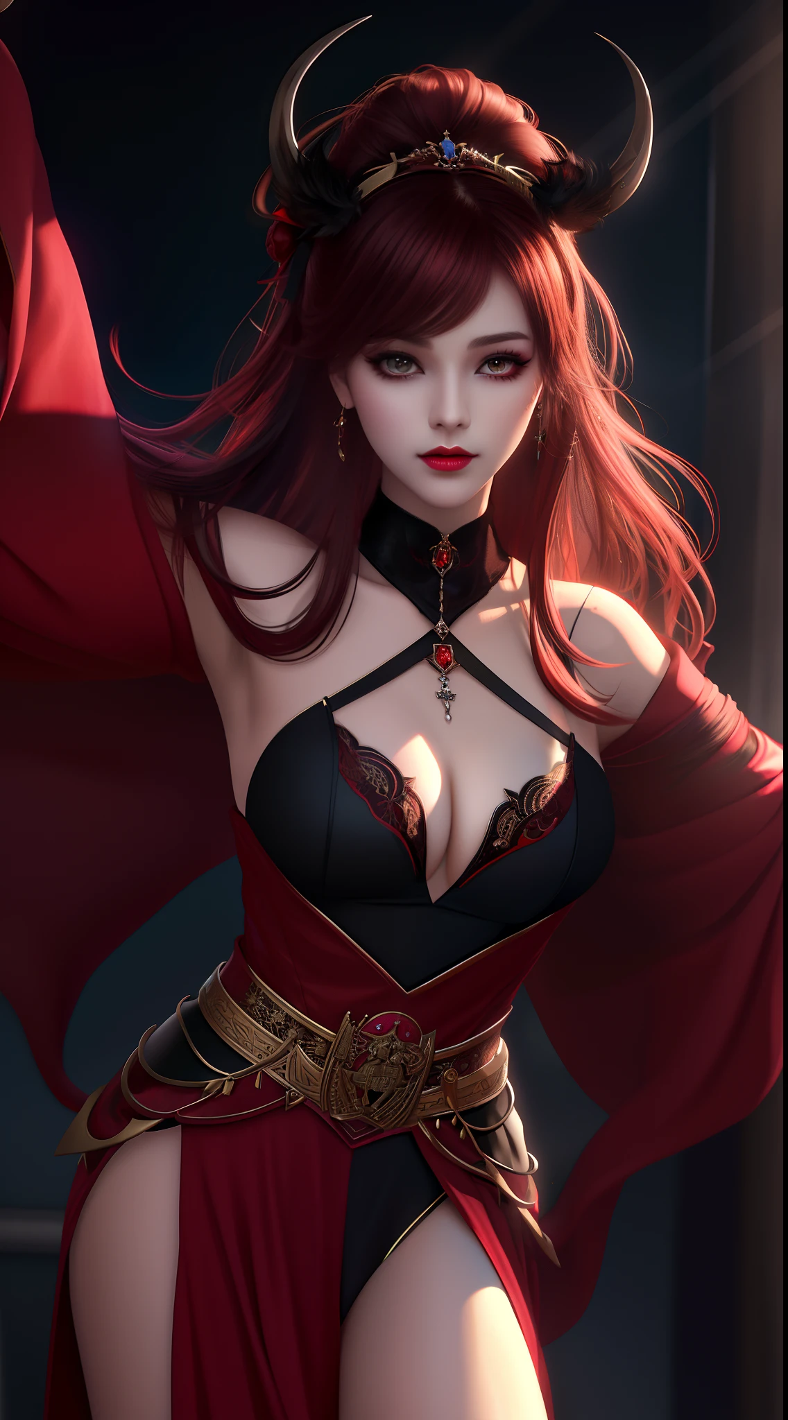 best qualtiy, tmasterpiece, A high resolution, 1girll, Underwear, porcelain, armor, hair adornments, choker necklace, jewely, beauitful face, upon_body, Tyndall effect, realisticlying, dark studio, edge lit, twotonelighting, (highdetailskin:1.2), 8K UHD, digital SLR camera, gentle illumination, high high quality, Volumetriclighting, Frankness, photore, A high resolution, 4k, 8k, bokeh, c-cup breasts, (light pink lips), 1 beautiful devil woman from hell, in the darkness nigth:1.6),surreal female portrait by David Hockney and Alphonse Mucha,Fantasyart,korean-doll,photorealisti,动态照明,art stations,poster for,Volumetriclighting,very highly detailed face,8K Ultra,Award-Awarded,in the darkness nigth,deep shading,low tune,cowboy lens,(Red phoenix dress:1.4),long whitr hair,brunette color hair,chest circumference,luxurious palace,Royal style,devil crown,Red eye makeup is very sharp and detailed, The most beautiful face, The breasts are large and round, Ultra photo realsisim, chinese women's clothing, polo neck sweater, attractive smile, The eye makeup is good,Guviz,devil style,wearing black mesh socks, pony tails,There is a bow tied behind the hair, Red-black lips, Devil tattoo on shoulder, wearing a thin red and black robe, The scenery is gloomy and thunderous,(sportrait),Close-up of main character,(Background detail 1.8),