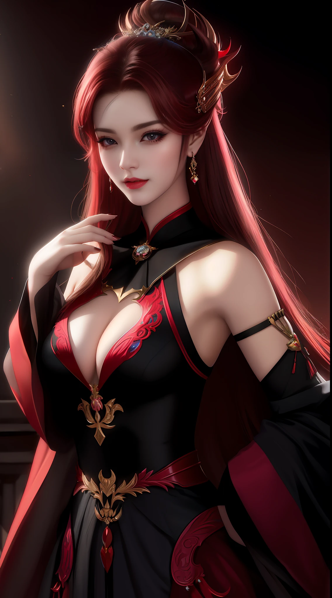 best qualtiy， tmasterpiece， A high resolution， 1girll， Underwear, porcelain, armor， hair adornments， choker necklace， jewely， beauitful face， upon_body， Tyndall effect， realisticlying， dark studio， edge lit， twotonelighting， （highdetailskin：1.2）， 8K  UHD， digital SLR camera， gentle illumination， high high quality， Volumetriclighting， Frankness， photore， A high resolution， 4k， 8k， bokeh， c-cup breasts， （light pink lips）， 1 beautiful devil woman from hell， in the darkness nigth：1.6），surreal female portrait by David Hockney and Alphonse Mucha，Fantasyart，korean-doll，photorealisti，动态照明，art  stations，poster for，Volumetriclighting，very highly detailed face，8K Ultra，Award-Awarded，in the darkness nigth，deep shading，low tune，cowboy lens，（Red phoenix dress：1.4），long whitr hair，brunette color hair，chest circumference，luxurious palace，Royal style，devil  crown，Red eye makeup is very sharp and detailed， The most beautiful face， The breasts are large and round， Ultra photo realsisim， chinese women's clothing， polo neck sweater， attractive smile， The eye makeup is good，Guviz，devil style，wearing black mesh socks， pony tails，There is a bow tied behind the hair， Red-black lips， Devil tattoo on shoulder， wearing a thin red and black robe， The scenery is gloomy and thunderous，（sportrait），Close-up of main character，（Background detail 1.8），