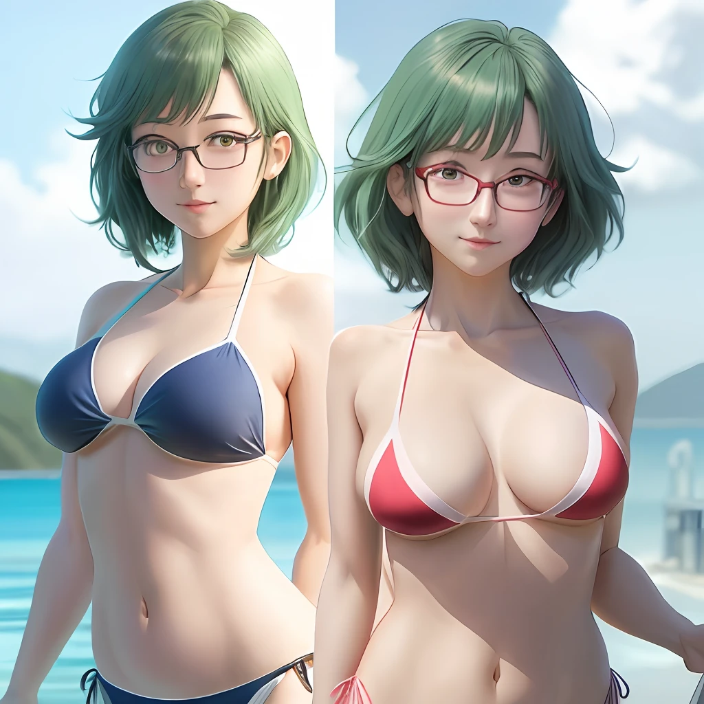 anime girl in a bikini with glasses and a green hair, seductive anime girl, fubuki, realistic bikini, anime moe artstyle, inspired by Rei Kamoi, inspired by Munakata Shikō, extremely detailed artgerm, full colored, marin kitagawa fanart, bathing suit, with glasses, ecchi anime style