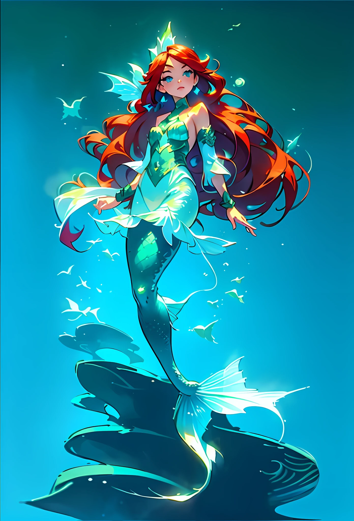 Mermaid with red hair and blue eyes standing on a rock, beautiful mermaid, rossdraws cartoon vibrant, Digital art on Pixiv, author:Ryan Yee, By Yuumei, mermaid, trending on artstation pixiv, Fantasy art style, loish art style, beautiful full-body concept art, by Yang J, rossdraws sakimimichan, :: rossdraws