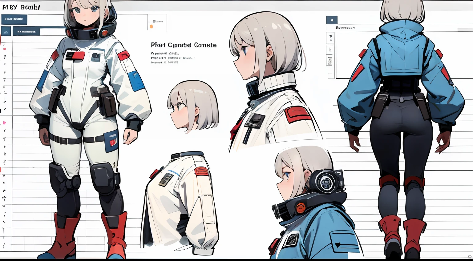 masterpiece, woman space cadet, detailed, extra detail, character sheet, many items