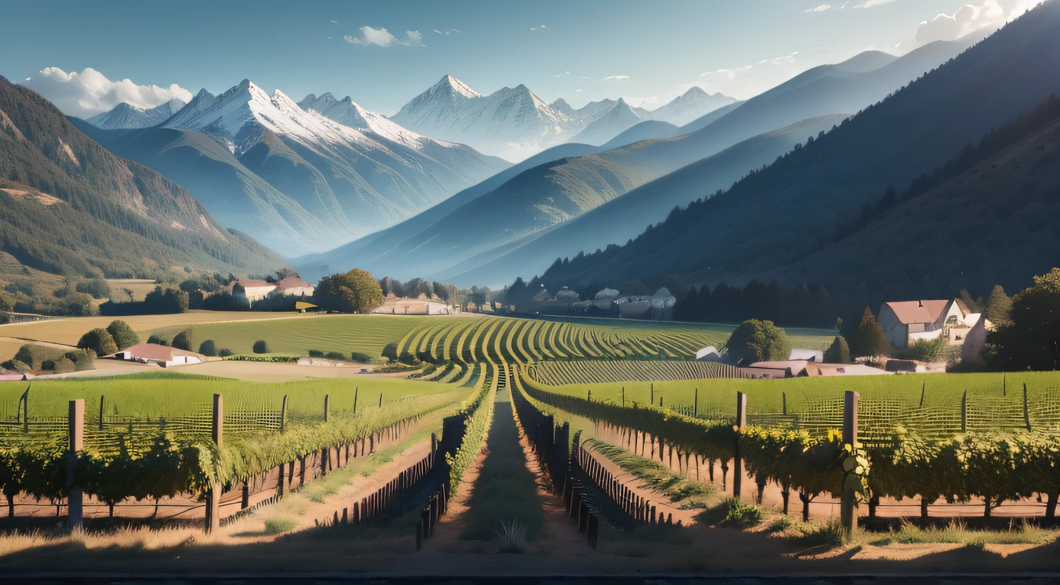An image of the rows of vines framed by the mountains, with wine bottles artfully lined up, symbolizing the villagers' dedication to growing and producing wine.