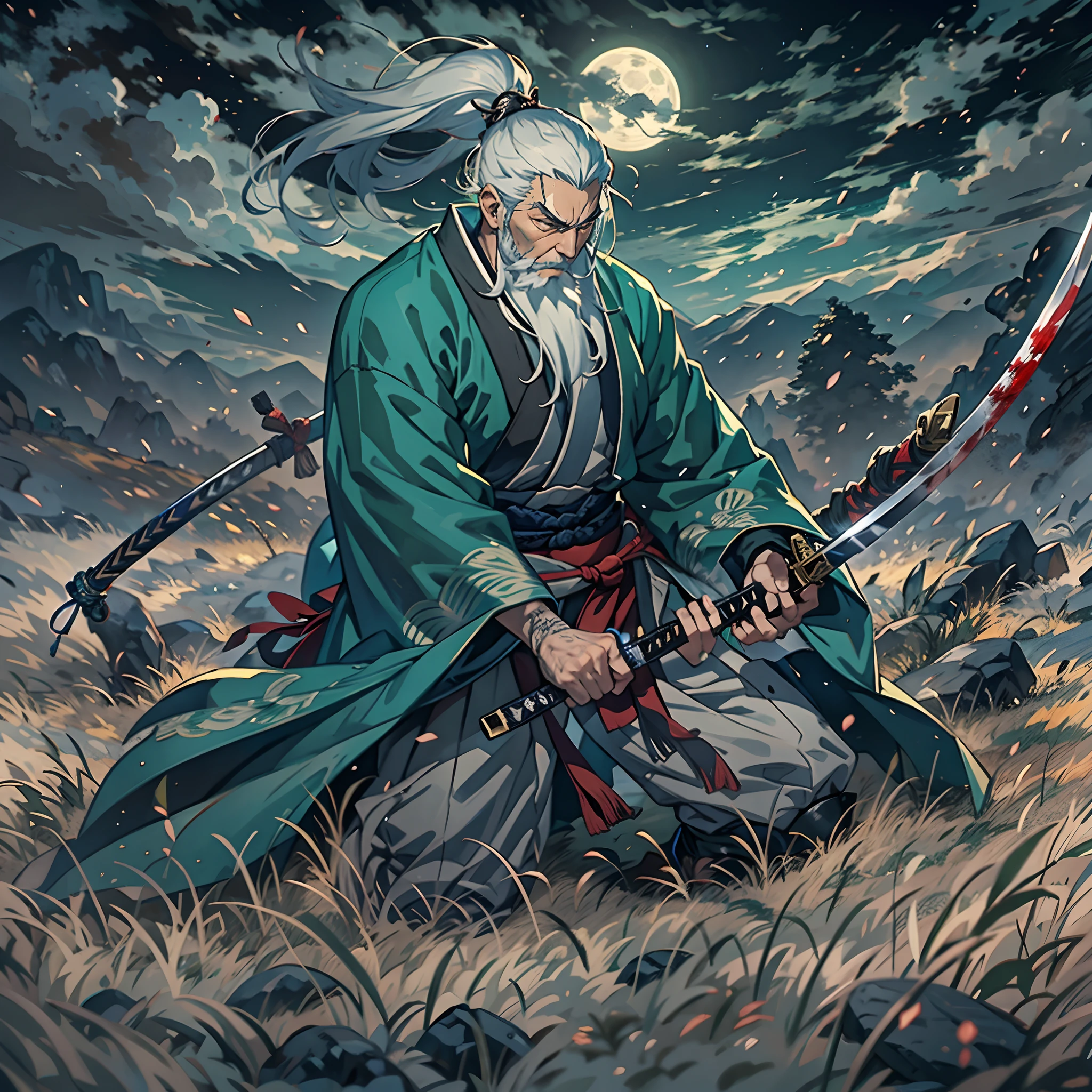 The Sword Saint Ichigami is a legendary warrior and founder of the Ashina clan. He is an old man with white hair and a beard, wearing a blue kimono with a black pattern and a white cloak. He carried a katana and a spear. He also had a gun hidden in his sleeve. He waits for Sekiro on the large meadow, who fights his grandson Genichiro Ashina for the first time. The fields were littered with blood and the bodies of soldiers killed in battle. The sky was dark, stormy, and occasionally lightning. Isshin appears from Genichiro's body after sacrificing himself to use the Black Mortal Blade to resurrect Genichiro. He respects Sekiro as a worthy opponent and challenges him to fight a final duel for Ashina's fate. moon, dark theme, light, fantasy,