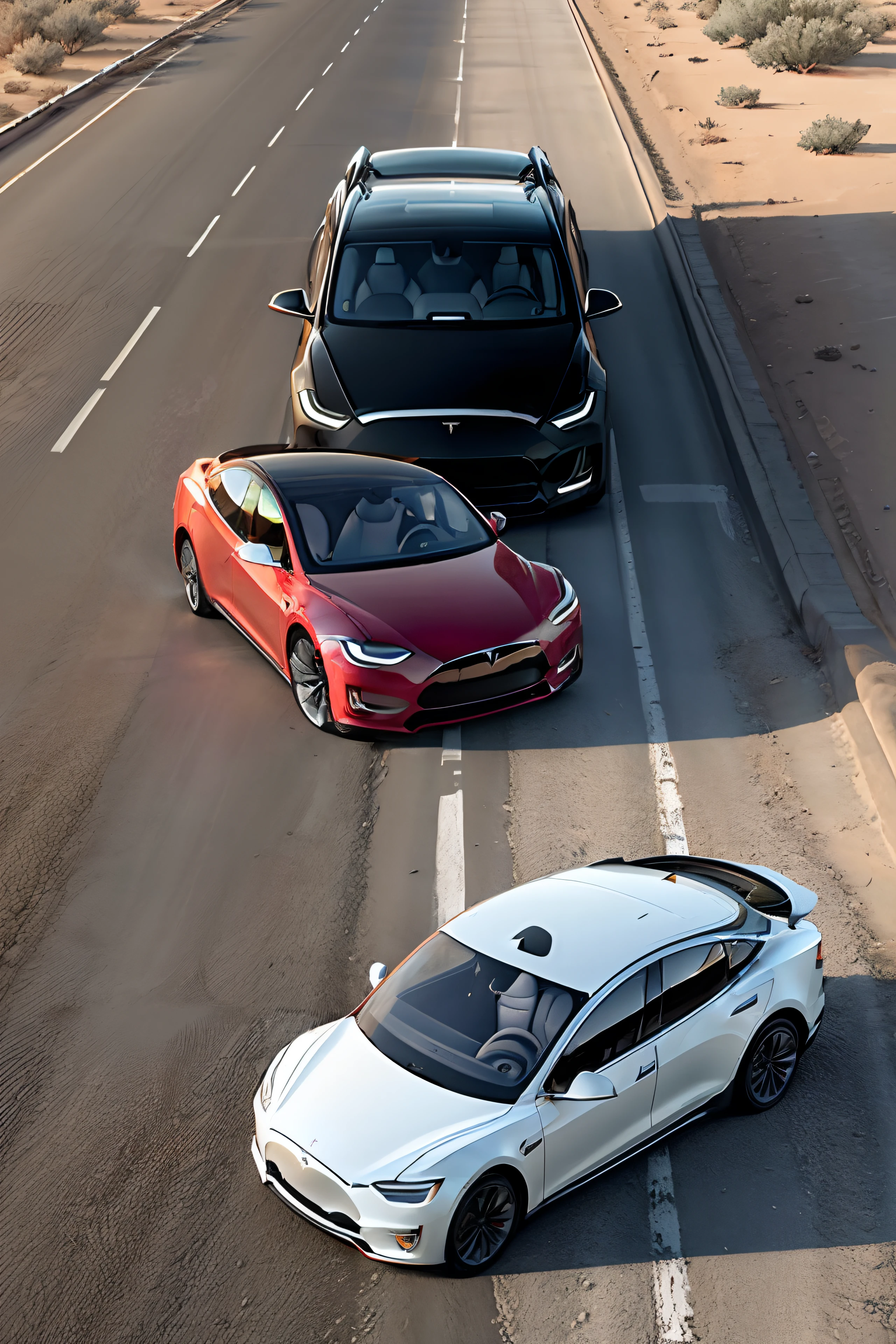 Illustrate a scene where a Tesla car is on a deserted road, aproveitando a energia solar para carregar sua bateria.”