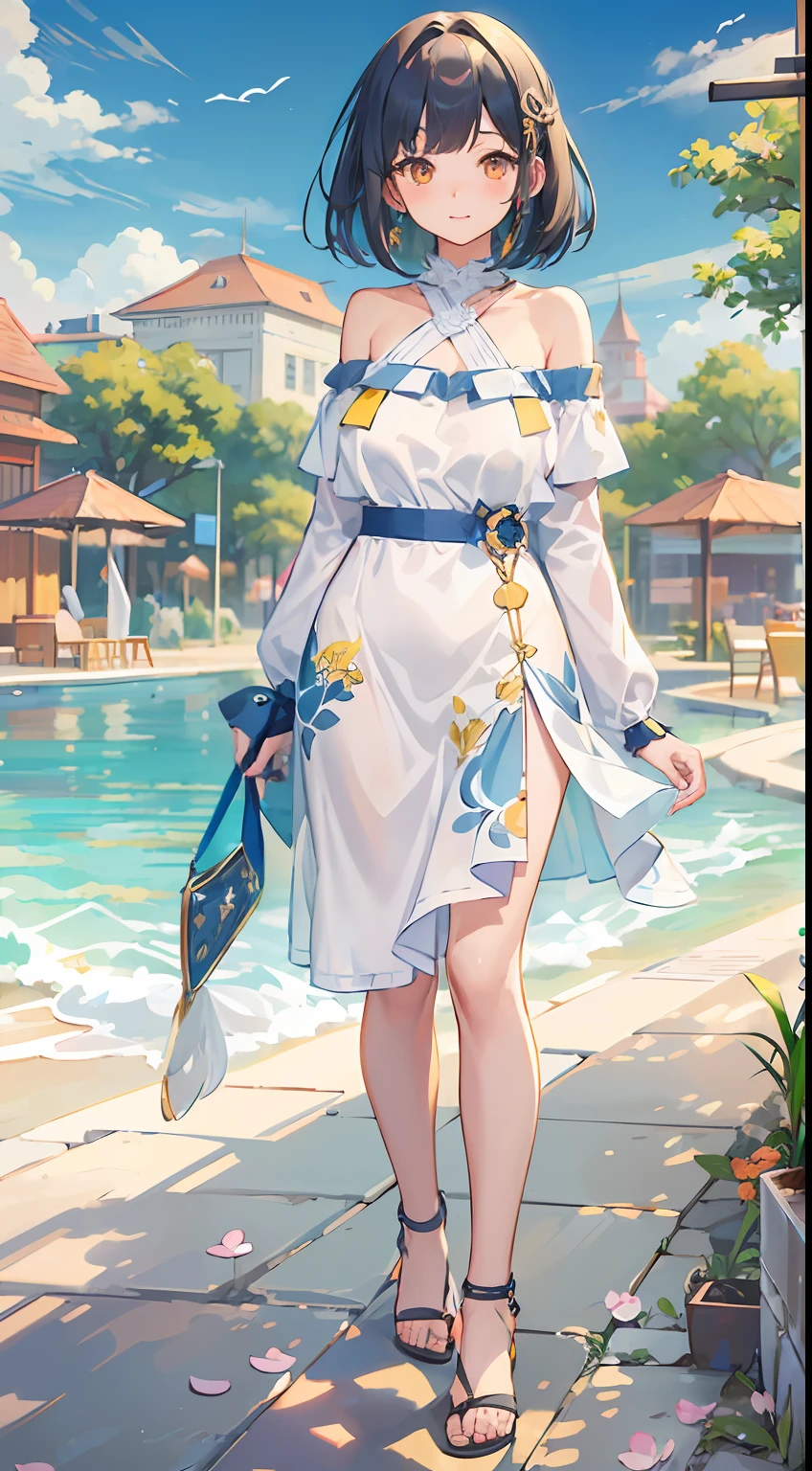 ((Best Quality)), (Ultra-detailed), ((Extremely detailed)), (Beautiful), ((Kawaii Girl)),(Bangs parted in the middle),High Gradient Bob、navy hair、,Orange Eyes,Normal breasts、Off shoulder dress、sandal、Full body standing,one woman,At resort、Anime