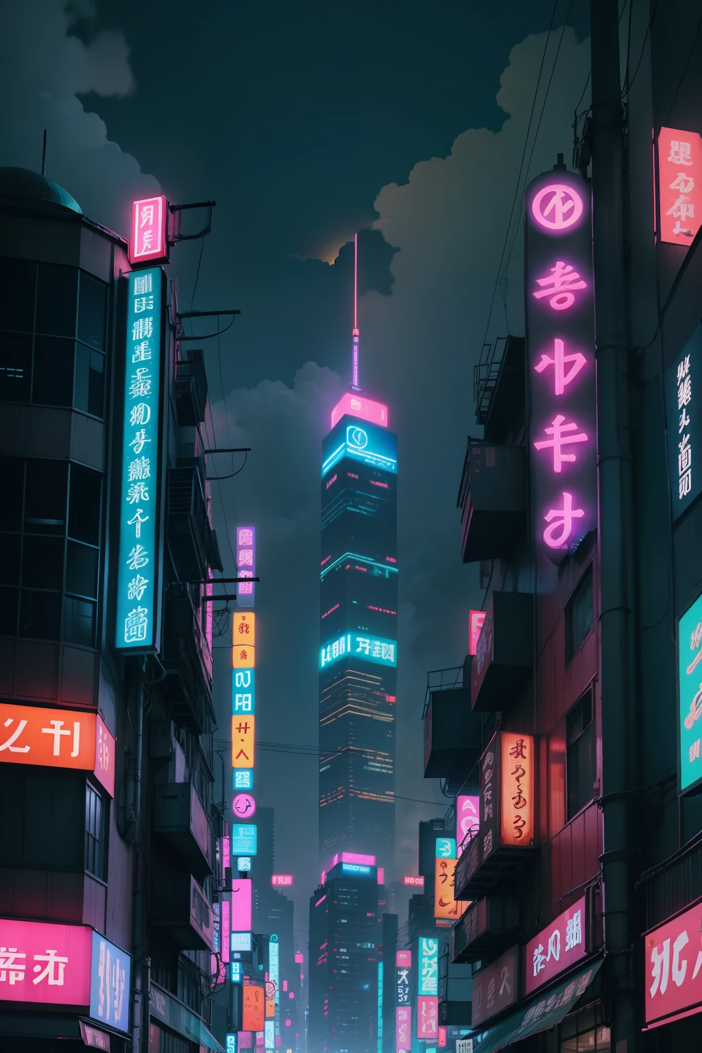 城市,Chaotic and dense buildings,nighttime scene,cyber punk style,Lots of neon,A large number of trademarks,Lots of colors,tmasterpiece,Look up,Lower viewing angle,modernization