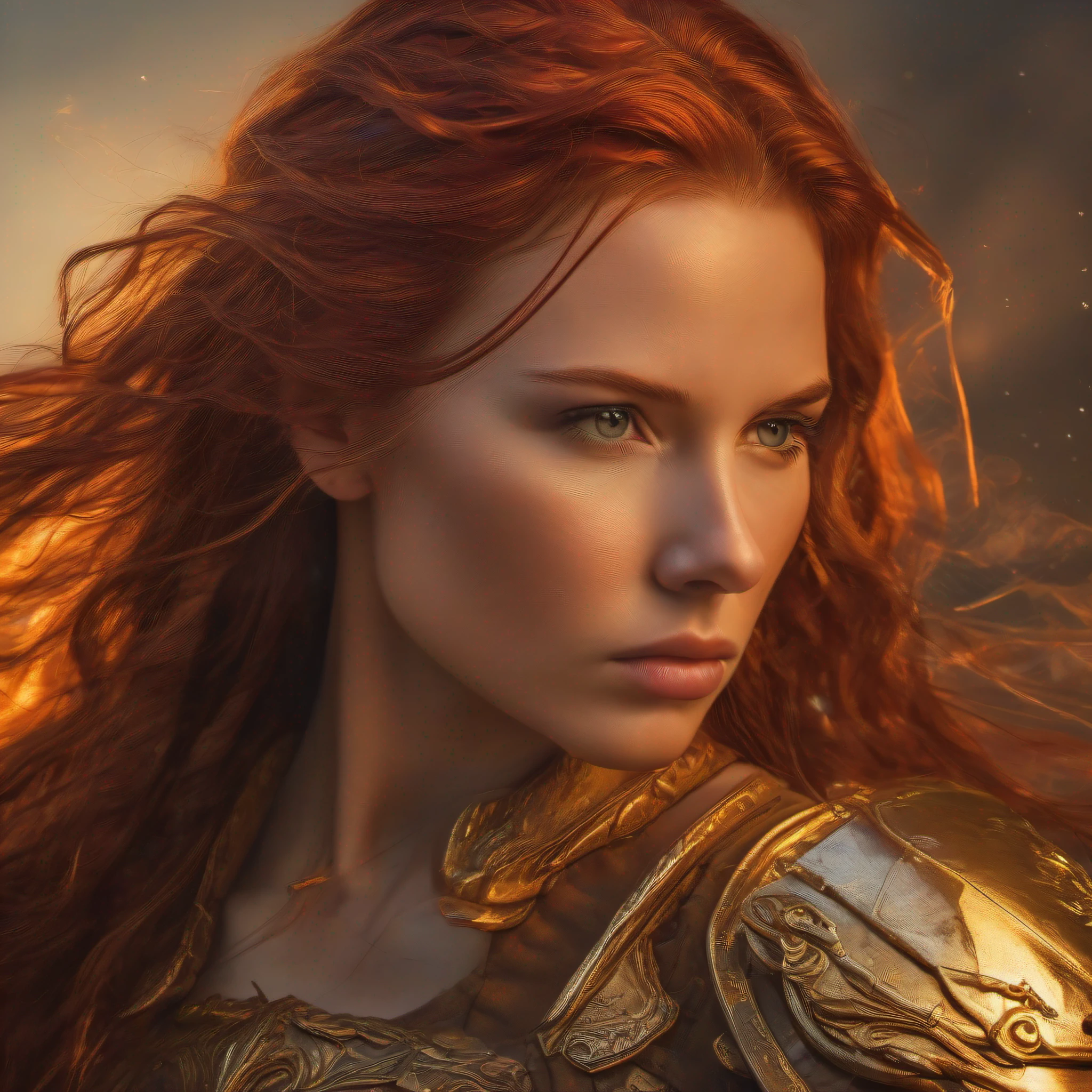 A fierce woman with flowing long red hair, adorned in a meticulously crafted bronze armor, reminiscent of ancient warrior queens. Medium: Photorealistic digital art. Style: A blend of fantasy and historical references, evoking the imagery of artists like Frank Frazetta and the aesthetics of movies like "300". Lighting: The soft glow of a setting sun casting a warm golden hue, highlighting the intricate details of her armor and the fiery strands of her hair. Colors: Rich earthy tones of bronze, deep reds of her hair, and the golden yellows of the sunset. Composition: Nikon D850 DSLR camera, using a 70-200mm f/2.8 lens, Resolution 45.7 megapixels, ISO sensitivity: 64, Shutter speed 1/200 second, with a focus on her intense gaze, capturing her strength and determination.