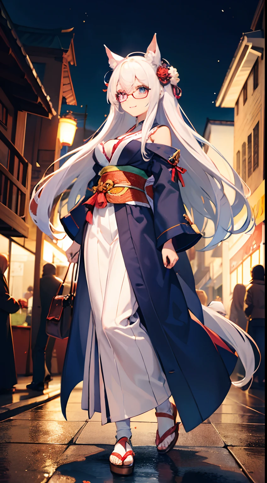 ((Best Quality)), (Ultra-detailed), ((Extremely detailed)), (Beautiful), ((Kawaii Girl))、Hair is white、length hair、Quirk hair、Blue eyes、horse ears,horse tail、tall、Breasts are big、Yukata,Sandals,、Red under-rim glasses、One girl、Standing、animesque、Uma Musume、Fireworks,evening,Smile,Full body,looking in camera,