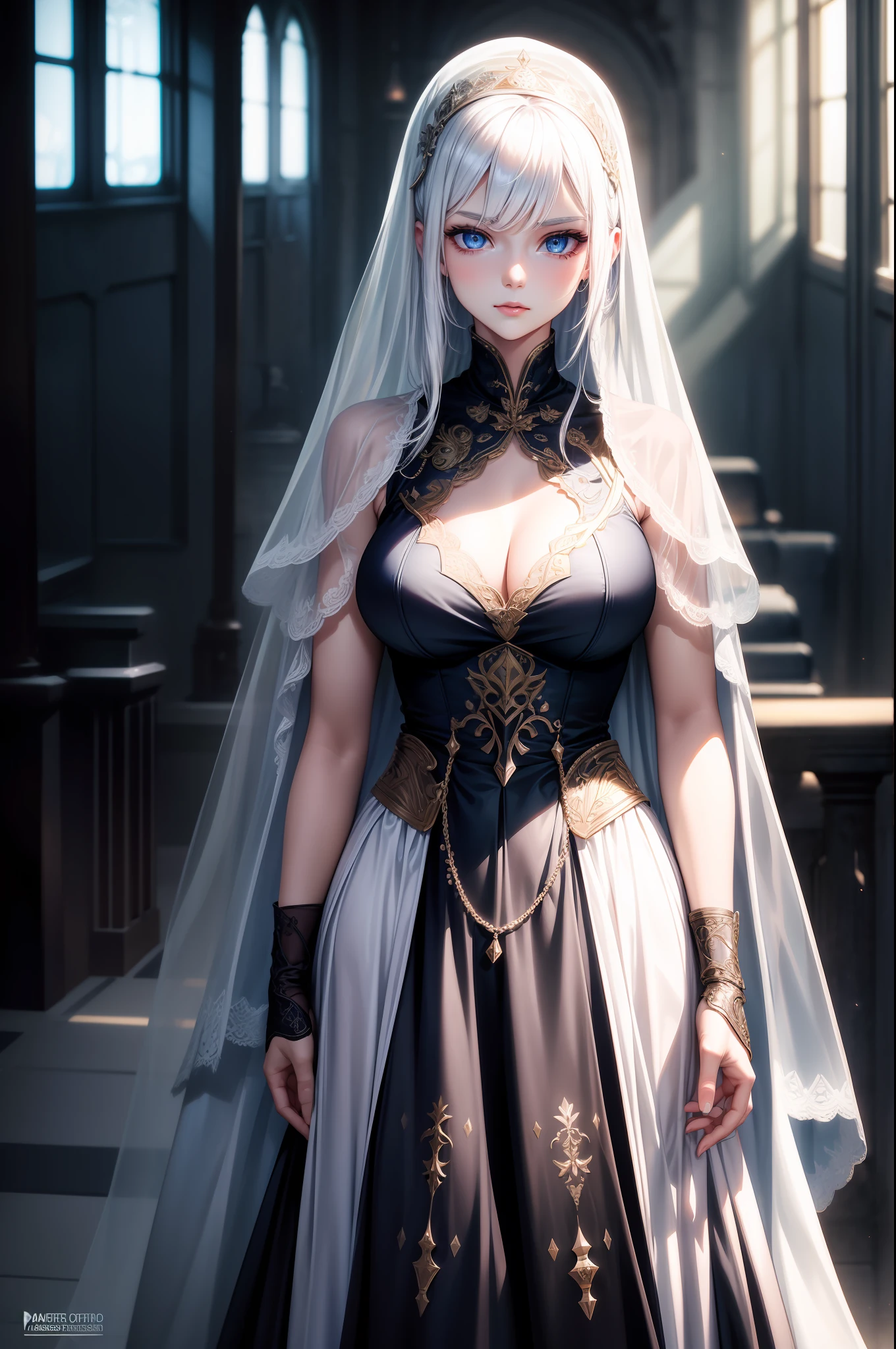 ((SFW)), masterpiece, best quality, highres 64k, professional artwork, clean, cinematic lighting, beautiful face, beautiful blue eyes + detail, beautiful white hair + detail, multicoloured hair, (seductive young female body:1.4), (medium breast), sexy looking at the viewer,  happy, 1girl, solo, Ada-1, android,  white skin, expressionless, veil, cape, clothes + detail, armored long dress, indoors, workshop, neon lamp,  arms folded, cowboy shot,  standing,