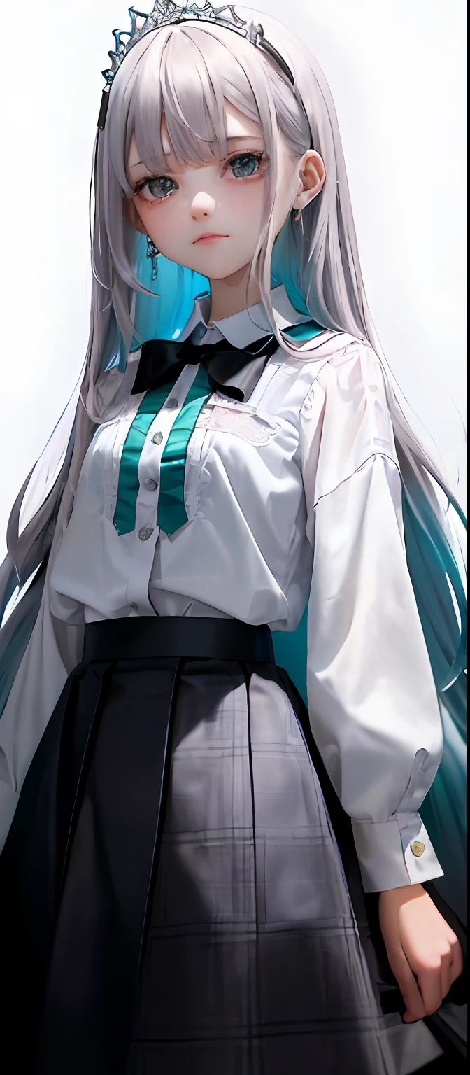 1girll, (Masterpiece:1.1), (Best quality:1.1), (White blouse:1.1), (checkered skirt:1.1), school uniform, high waisted skirt, Break [Blue:Pink:0.5] Theme, (Gradient background:1.1), Cowboy shot, Break Silver Hair, Long hair, , Green eyes, intricate detailed tiara, Looks to the side,