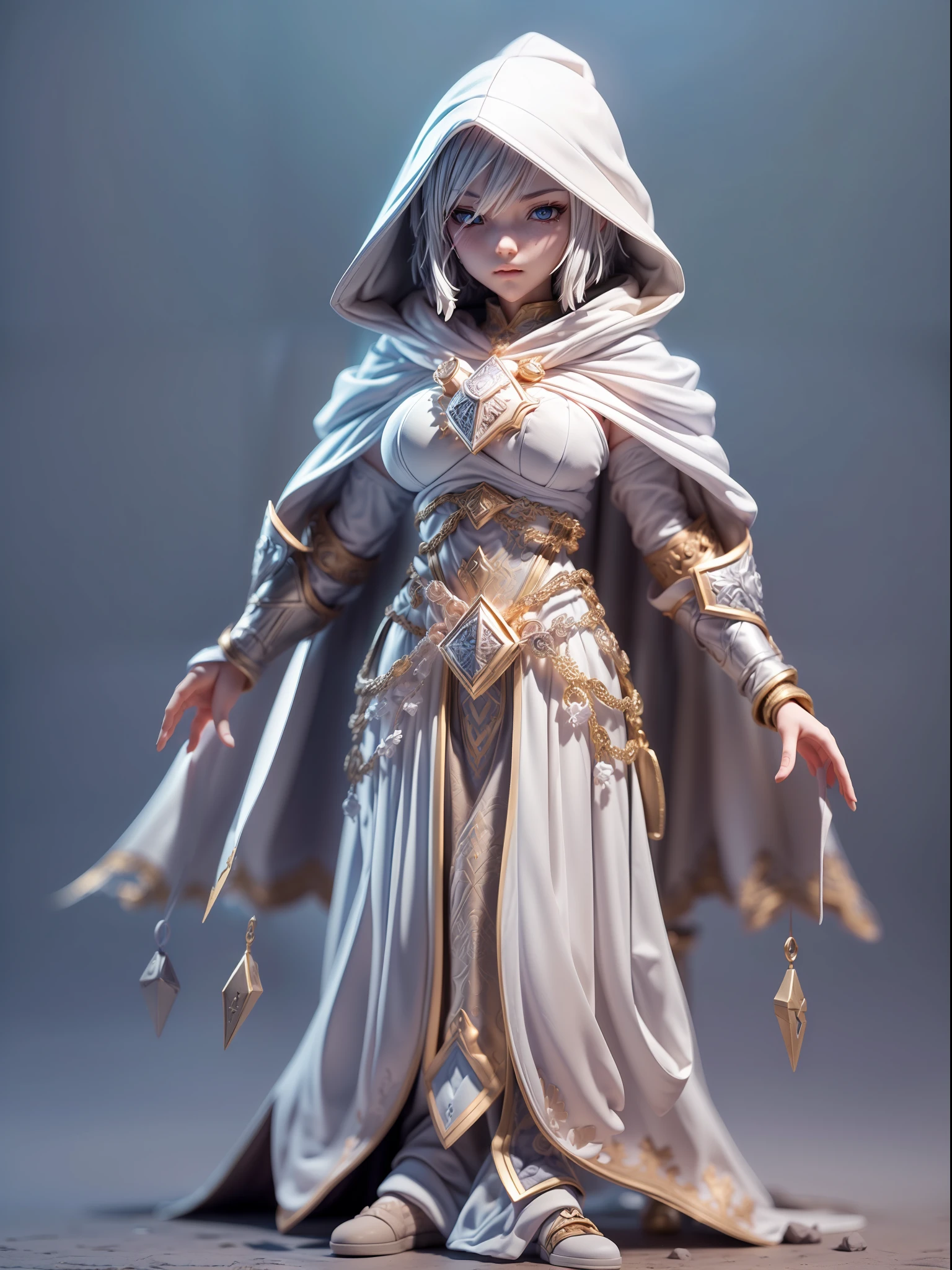 (Blind box toy style:1.3),((Full body shot)) , (1 female mage)(((solo))) cloth armor,Cloth hood,(Clay Style:1.3), dreamy glow, Clean background,white and silver style,(circular base)( Global illumination, Ray tracing, hdr, unreal render,reasonable design, high detail, Masterpiece, Best quality, hyper HD, Cinematic lighting)