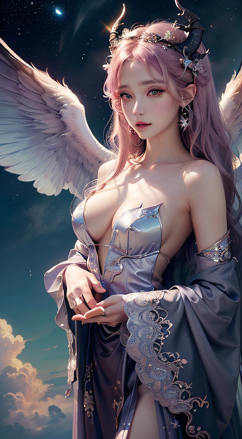 ((Need)), ((tmasterpiece)), (A detailed), Enchanting succubus, Ethereal beauty, Perched in clouds, (fantasy illustrations:1.3), Seductive gaze, captivating posture, delicate wings, otherworldly charm, Mysterious Sky, (Luis Royo:1.2), (Yoshitaka Amano:1.1), Moon Night, pastelcolor, (Detailed cloud view:1.3), (A high resolution:1.2),Close-up shot,Close-up shot,Black eyes,Detailed beautiful eyes,angelicales,Pink wings