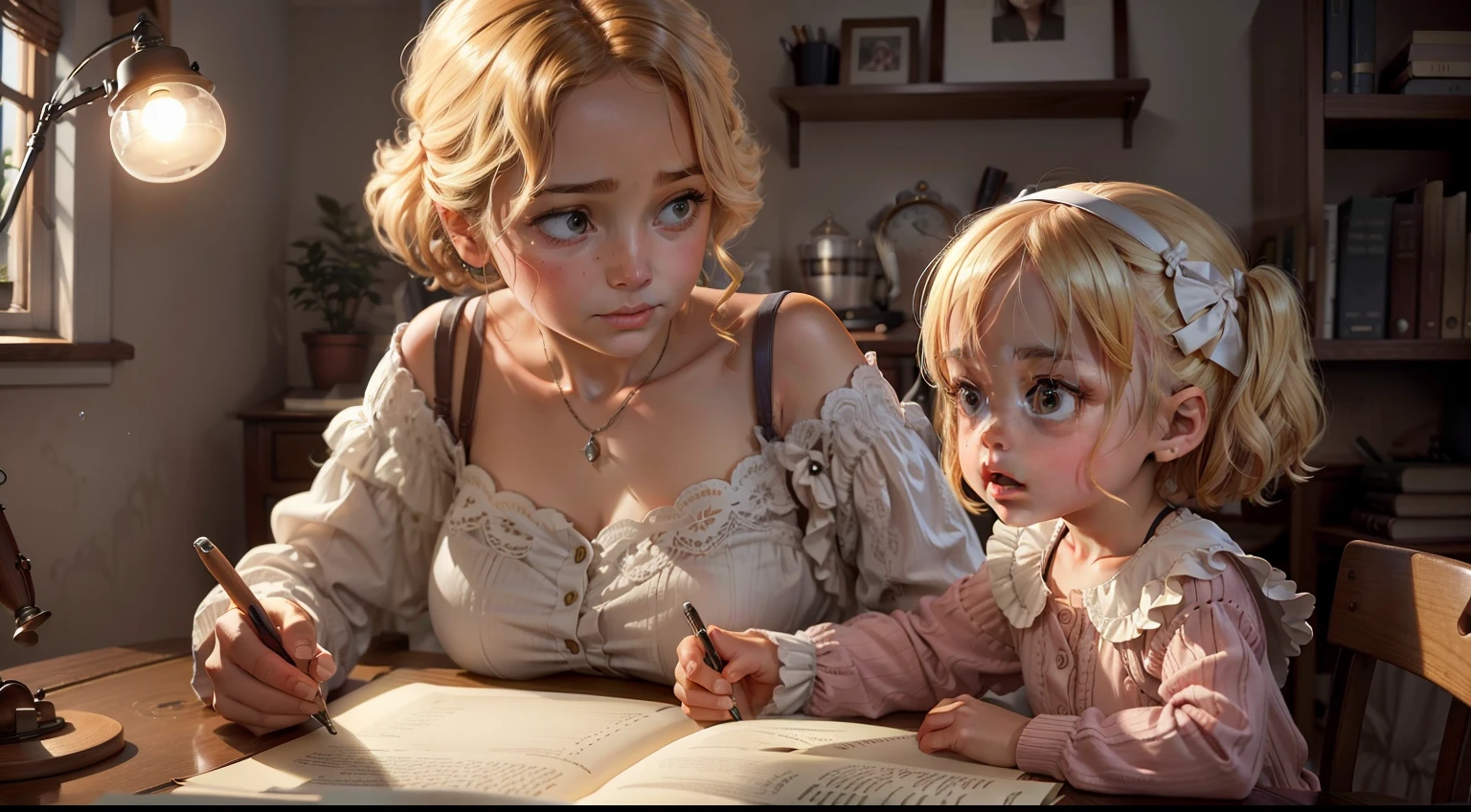 1 cute little girl and 1 gentle older woman chatting in the study, Warm lighting in the room, There is a lamp on the desk, The little girl looked up at the woman while studying, The woman holds water in her hand, Standing to the right of the little girl, Look at the little girl, cinematic lighting, first-person view, best quality, super detail