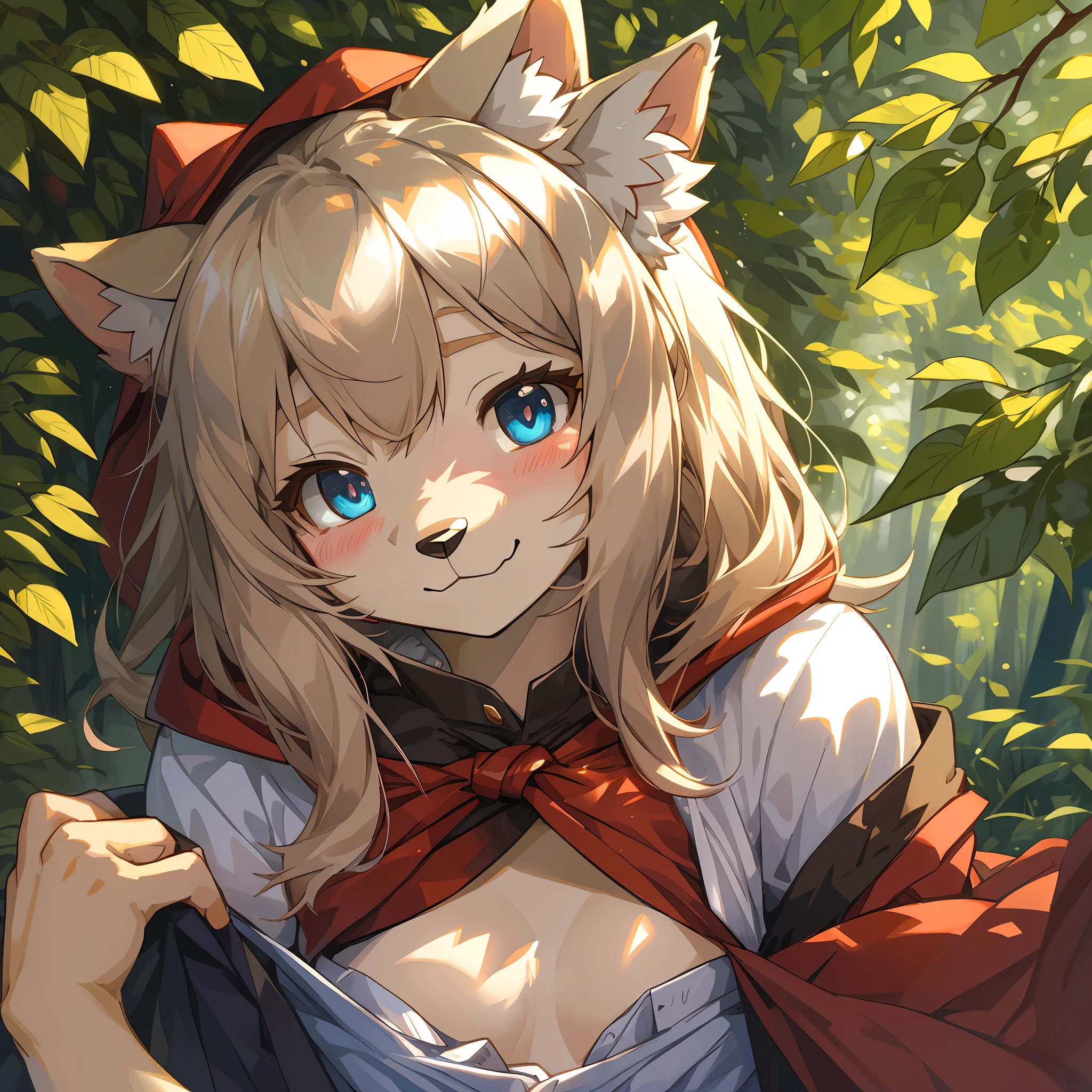 top quality, best quality, High-quality illustrations, masterpiece, super high resolution, detailed background, (super cute girl, solo)Little Red Riding Hood, forest, girl, undressing, open Clothes, on back, absurdres(highly detailed beautiful face and eyes)perfect anatomy, embarrassed from, smile:0.2, good lighting, red blush, cinematic shadow(kemono, furry anthro), pov,