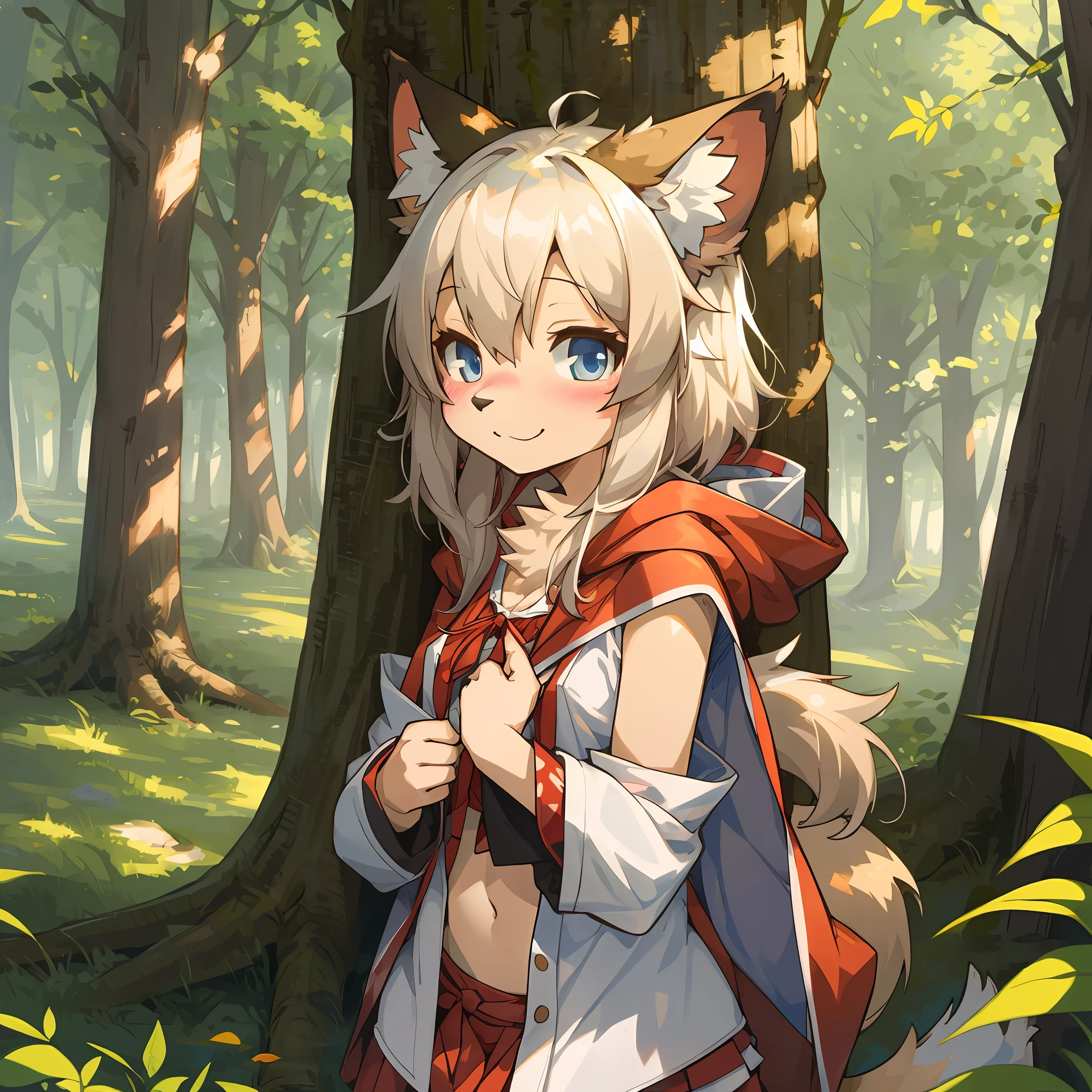 top quality, best quality, High-quality illustrations, masterpiece, super high resolution, detailed background, (super cute girl, so*****ttle Red Riding Hood, forest, girl, undressing, open Clothes, on back, absurdres(highly detailed beautiful face and eyes)perfect anatomy, embarrassed from, smile:0.2, good lighting, red blush, cinematic shadow(kemono, furry anthro), pov,