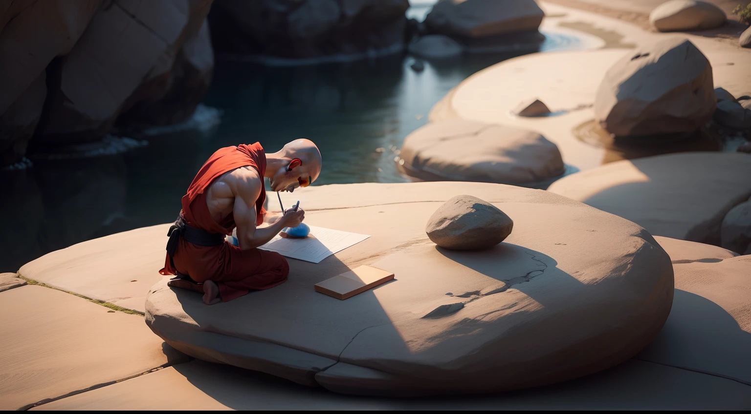 A beautiful Asian monk is drawing on the surface of the rock. He is a zen master.