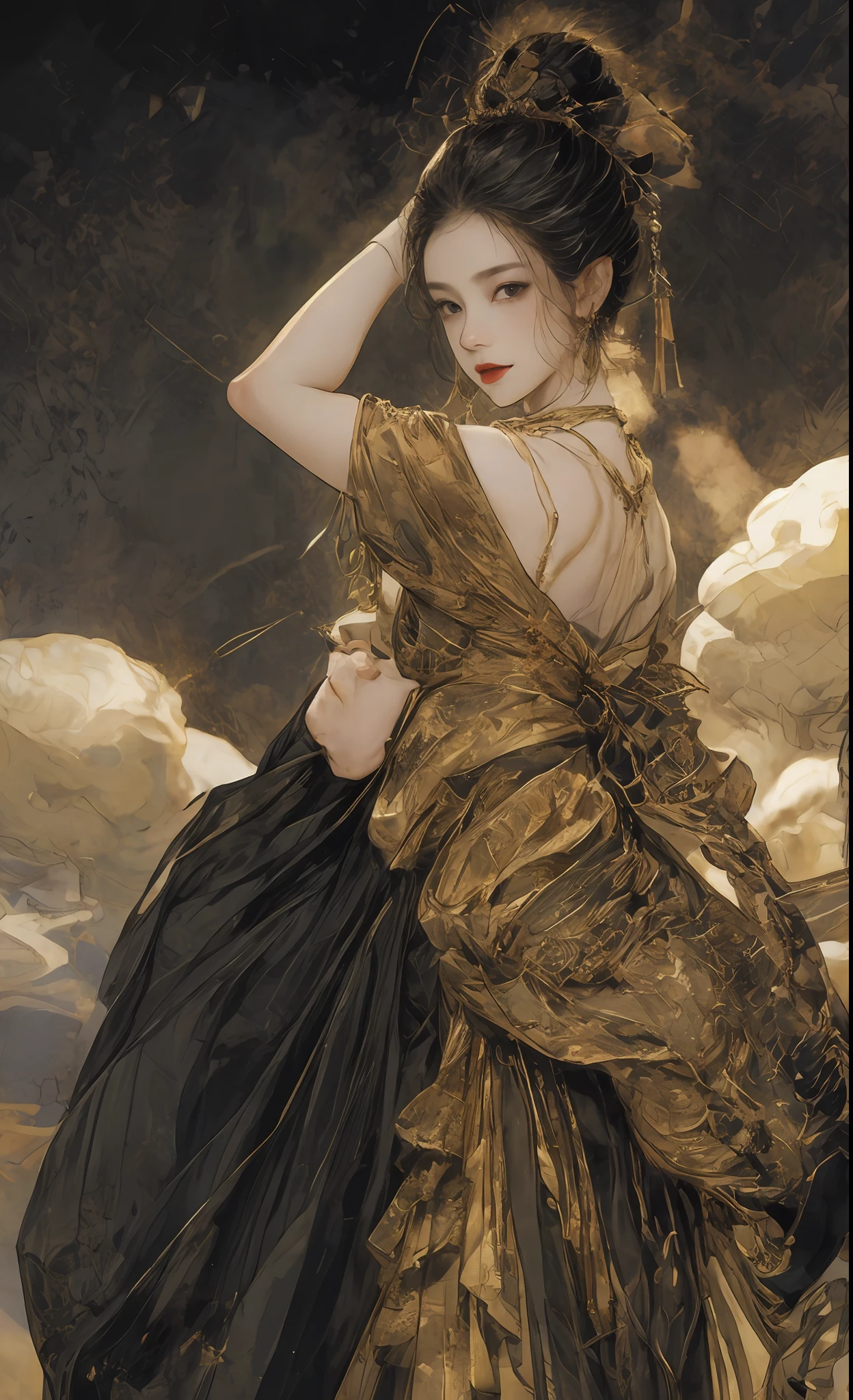 A girl, ancient Chinese costume, Whole body, Sunshine, Clear face, Clean white background, Masterpiece, Super detail, Epic composition, Ultra HD, High quality, Extremely detailed, offcial art, Uniform 8K wallpaper, Super detail, 32K，(tmasterpiece：1.3)，best qualtiy，A high resolution，A tall and beautiful woman，Densely textured skin，fine double eyelids and bright eyes，Dark brown wavy hair，（dunhuang_dress,dunhuang_clothes）,Around the belt，Wearing a necklace，（Streamers），（Desert dunes as a backdrop），Presents beautiful facial details and skin texture。