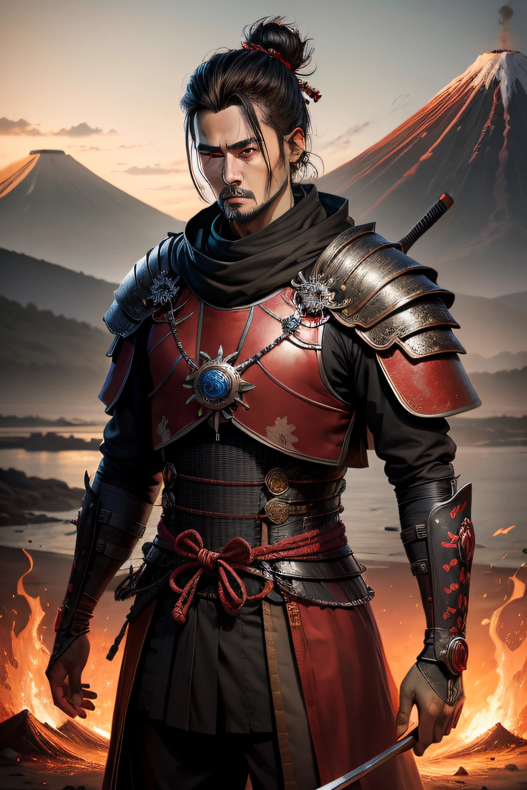 intrincado, elegante, altamente detalhado, pintura digital, 4k, HDR, arte conceitual, suave, foco nítido, samurai warrior, volcano background