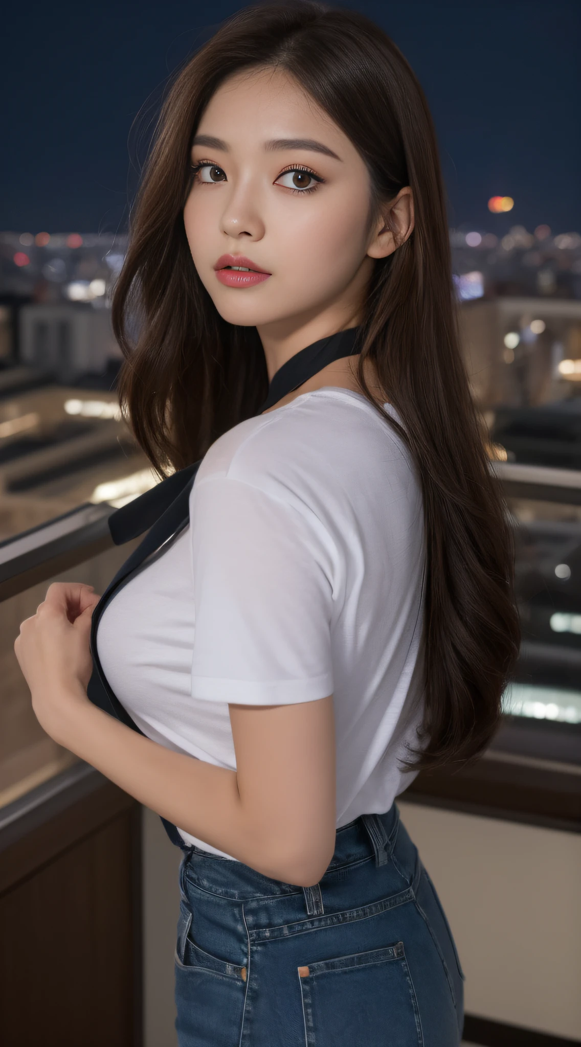 ((Midnight, Best quality, 8k, Masterpiece :1.3)), Whole body, Long legs, Sharp focus :1.2, A pretty woman with perfect figure :1.4, Slender abs :1.1, ((Dark brown hair, Big breasts :1.2)), (White tight tshirt, Jean bib, Standing:1.2), ((Night city view, Rooftop:1.3)), Highly detailed face and skin texture, Detailed eyes, Double eyelid