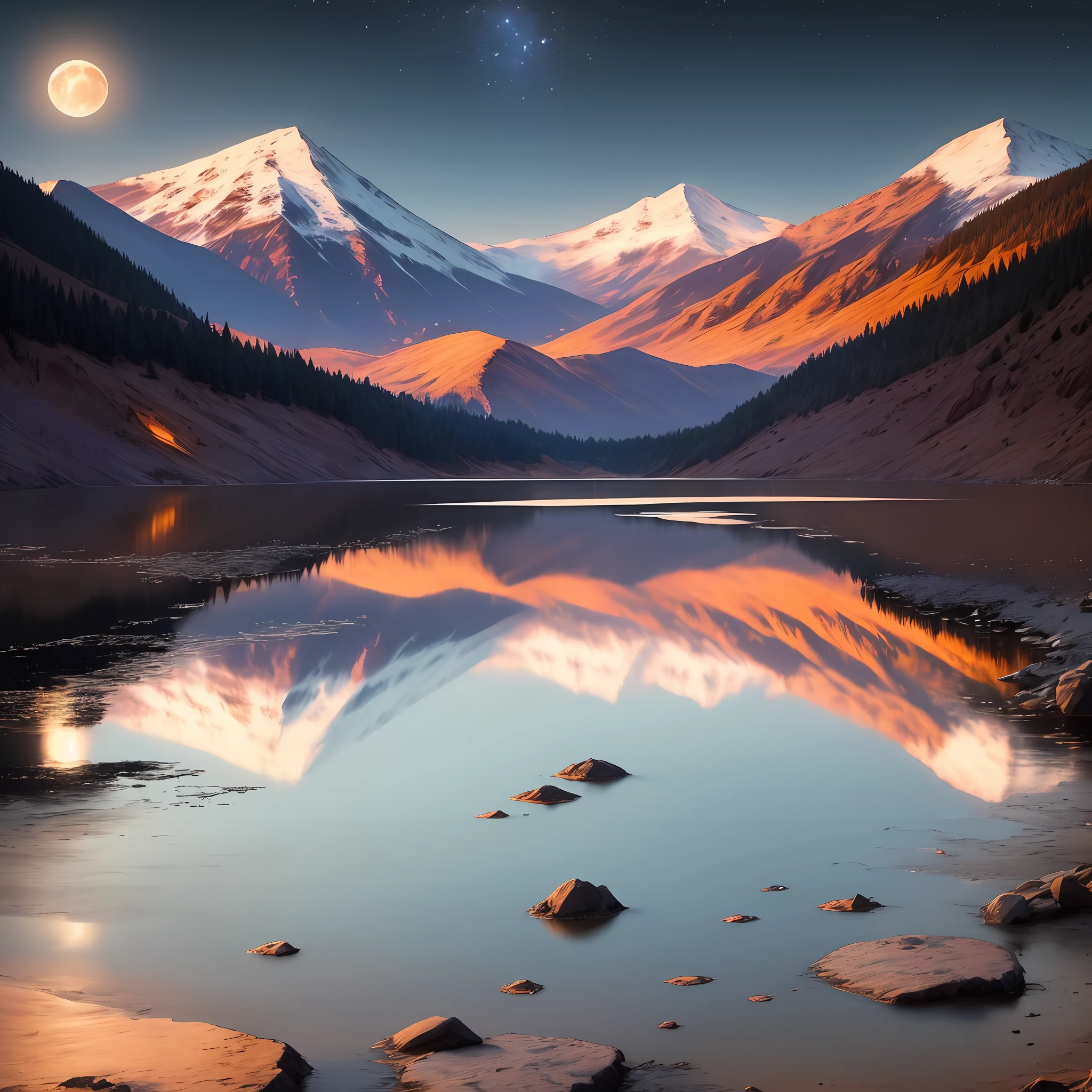 Very starry night. A giant moon behind the mountains. A tranquil lake reflecting the night. Realistic scene, detailed, photorealism, 8k