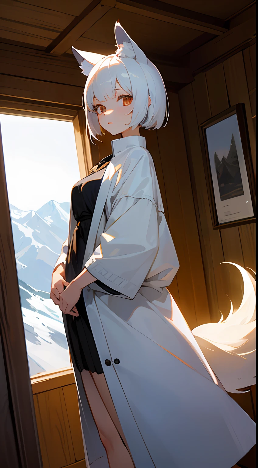 top-quality、hight resolution、detaileds、Beautiful girl with wolf ears and tail、In a mountain hut during the day、beautiful  Girl、white short-haired、lightly dressed、Standing、