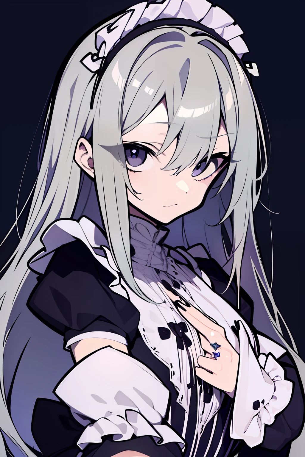 masterpiece, best quality, 1girl, solo, long_hair, looking_at_viewer, bangs, simple_background, long_sleeves, dress, hair_between_eyes, jewelry, closed_mouth, monochrome, upper_body, white_hair, frills, puffy_sleeves, fingernails, maid, maid_headdress, ring, black_nails, purple_background,