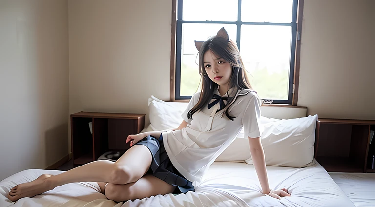 (真实感:99%),RAW photogr,1girl,JK school uniform,best qualtiy,tmasterpiece,超高分辨率,15year old,hair pin,Silver-white hair flowing,cat ear,Fairy face details,realisticlying,Very realistic,photorealestic,Whole body diagram,jade foot,Long legs,Protruding chest。