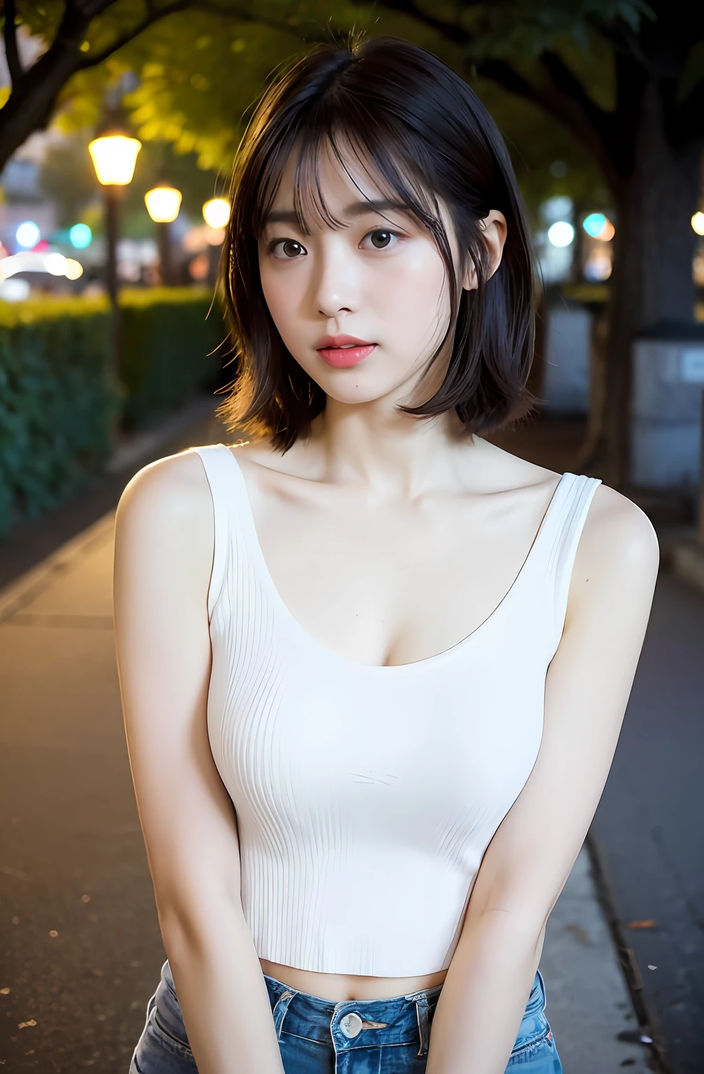 ((8K:1.27)、top-quality、masterpiece、超A high resolution:1.2)Photo Beautiful Japan woman(pleasing:1.1) Elegance、There is a good、Gradient lighting、1girl in、Delicate skin、Look here、Brown-eyed、(short hair with bangs:1.2)、(Medium chest:1.0)、(medium areola:0.8)、(realisitic:1.4)、(top-quality:1.0)、(超A high resolution:1.0)、8K、Raw photography、(masterpiece:0.2)、(pureerosface_v1:0.5)、Plain Rib Knit Cami Top、Neck clogged design、Round Neck、Sleeveless、Kamimei、excited expressions、Red cheeks、want me、Staring at this、Park at night、Leaning against a large tree、erect through、Brightness of streetlights、total darkness、subject、look down from above、Lean、、Watched、