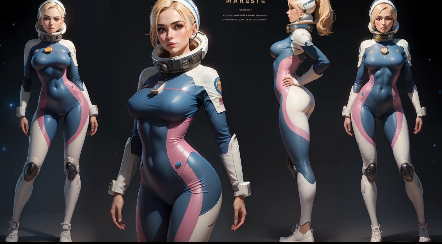 masterpiece, woman space cadet, detailed face, fullbody, extra detail, character sheet, many items