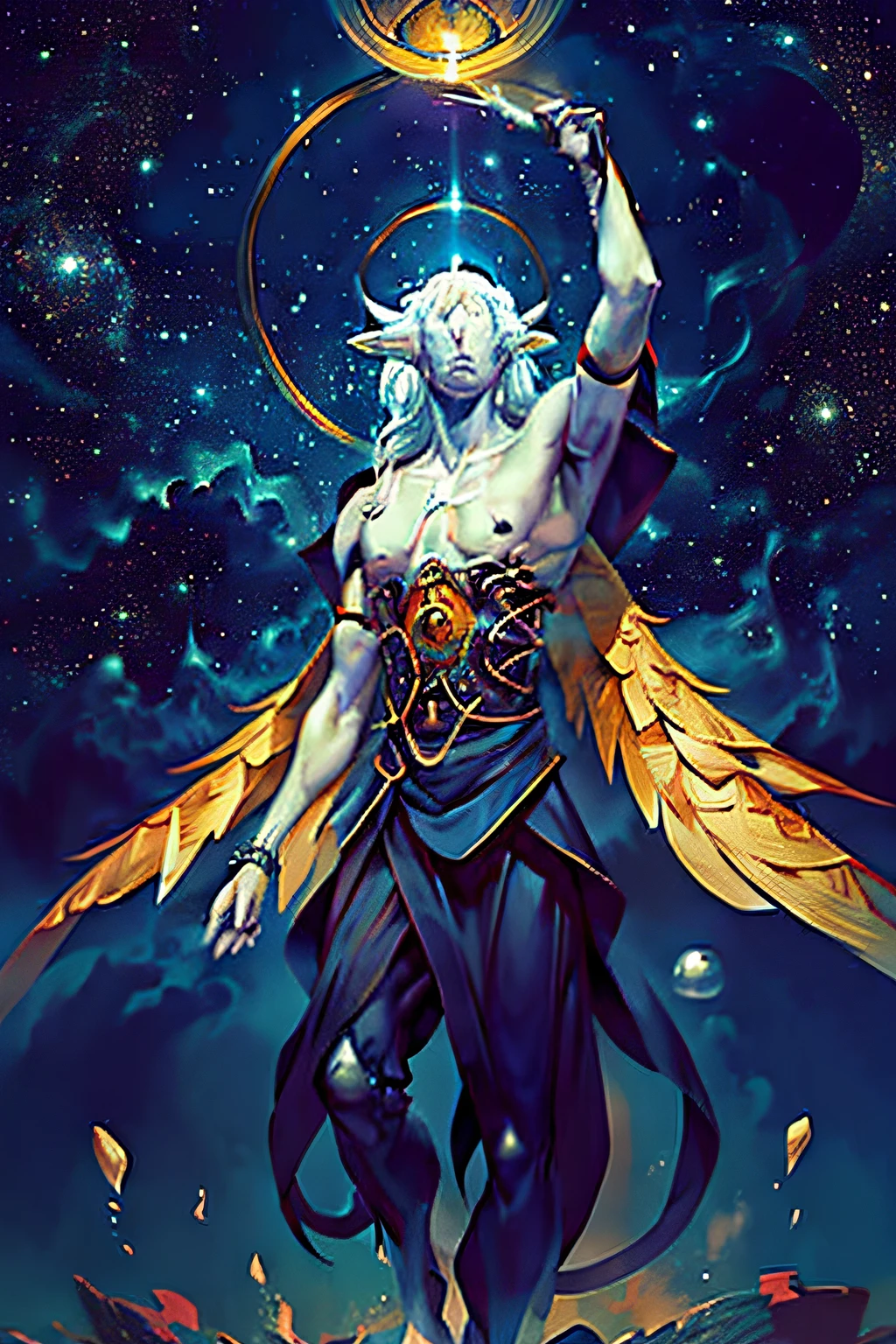 Celestian, a deidade suprema dos astros e sua serventia, mestre do destino e do tempo, It is always depicted as the figure of an ancestral elf with silver hair and purplish-blue skin with small glowing orbs, como pintas, scattered all over his body—as if the whole universe stretched over his skin. On his face there are no eyes, nariz ou boca, just the depth of an expressionless face, ladeado pelas pequenas estrelas que brilham sobre sua pele.