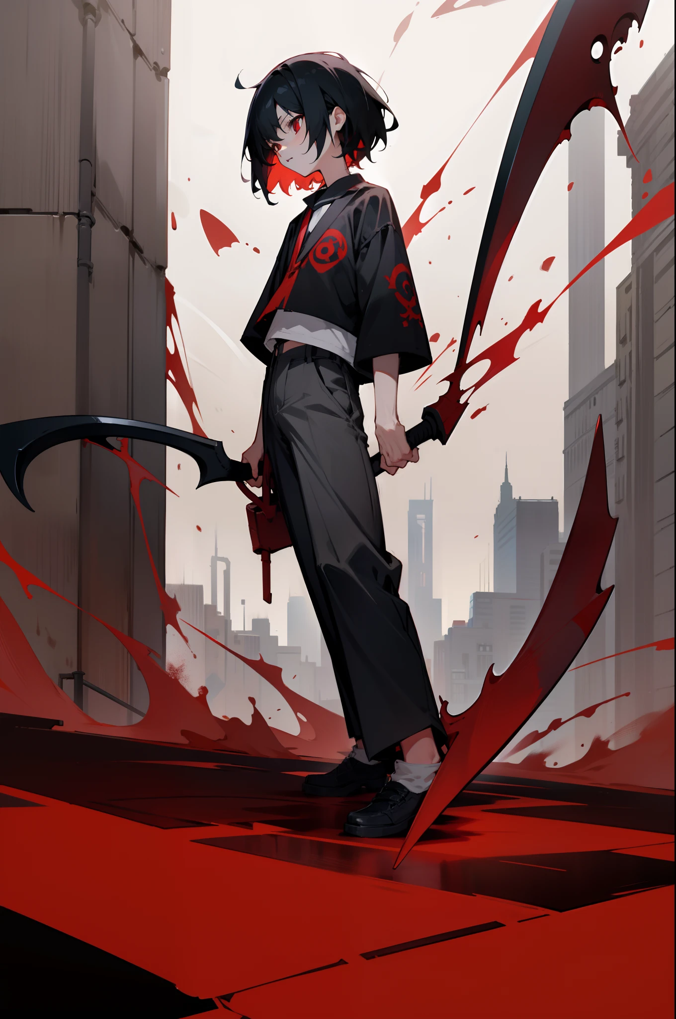 with short black hair，Red-eyed teenager，Stand on a street where no one is at night，extreme hight detail，short- sleeved，shorter pants，Holding a huge blood-colored scythe in one hand