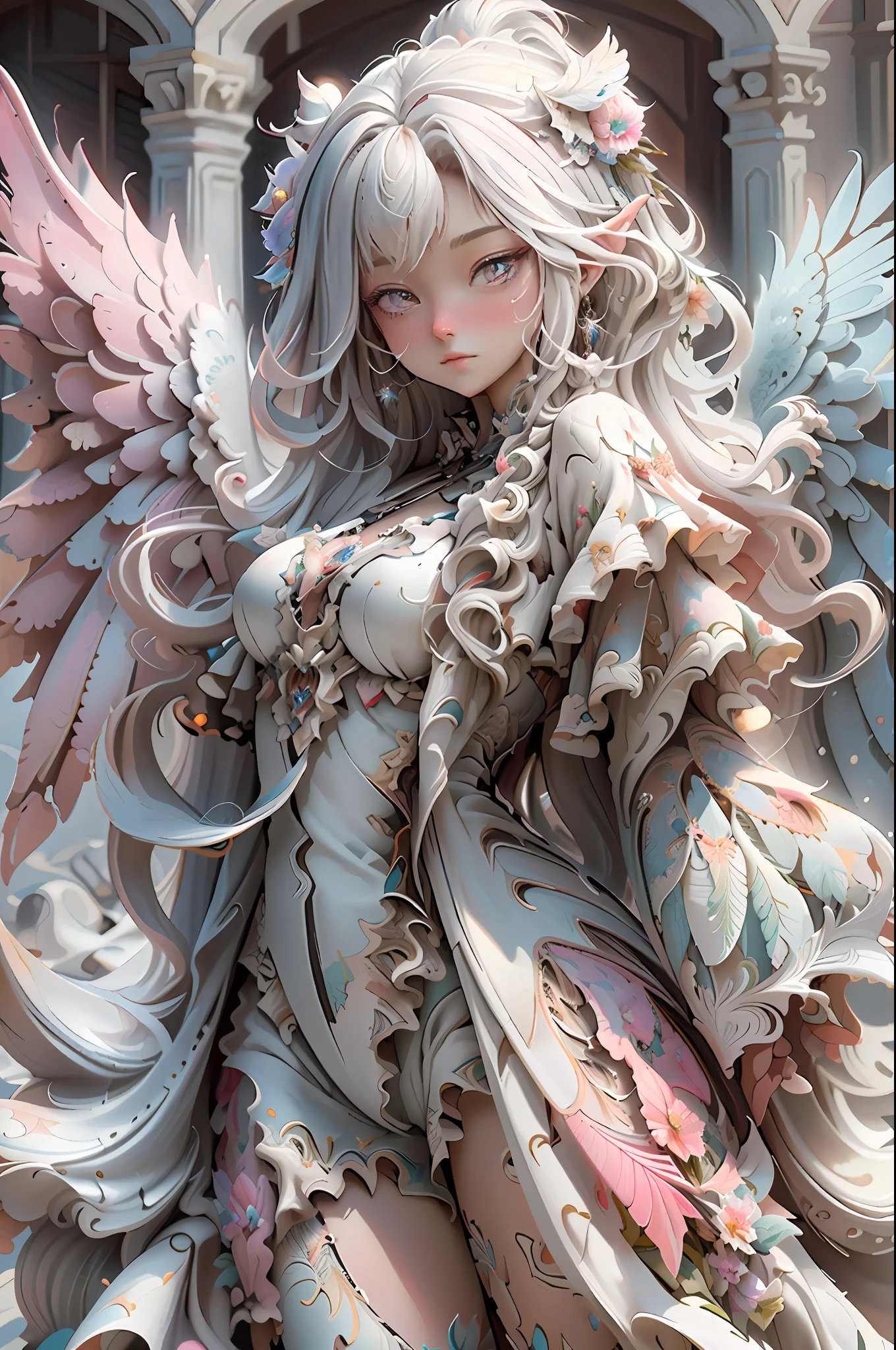 Top quality, offcial art, Beautiful and aesthetic:1.2), (1girll), anglewings, (Full of wings), Wrapped around the wings, (White feathers), extreme detailed details, (Fractal art:1.3), Colorful, Highly detailed, A MILF