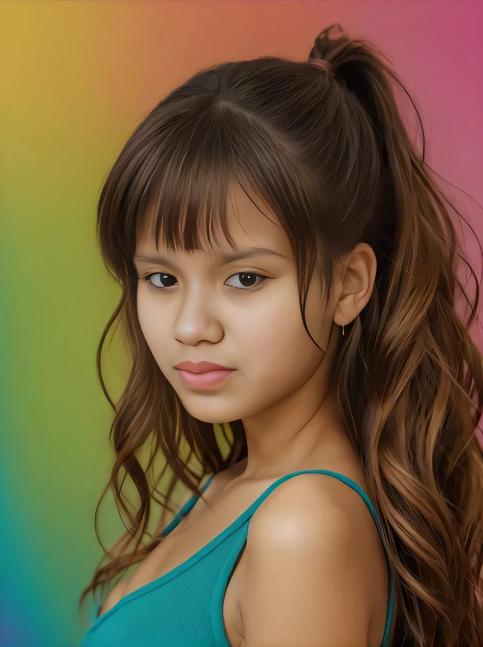 um close up de uma jovem com um rabo de cavalo em um top azul, Isabela Moner, Lalisa Manobal, pintura realista da menina bonito, Retrato Sophie Mudd, menina jovem bonito, realistic studio portrait, menina jovem bonita, menina jovem e bonito, franja encaracolado e rabo de cavalo, com franja, Retrato de Zendaya, Fanart, lindo modelo jovem, foto retrato realista