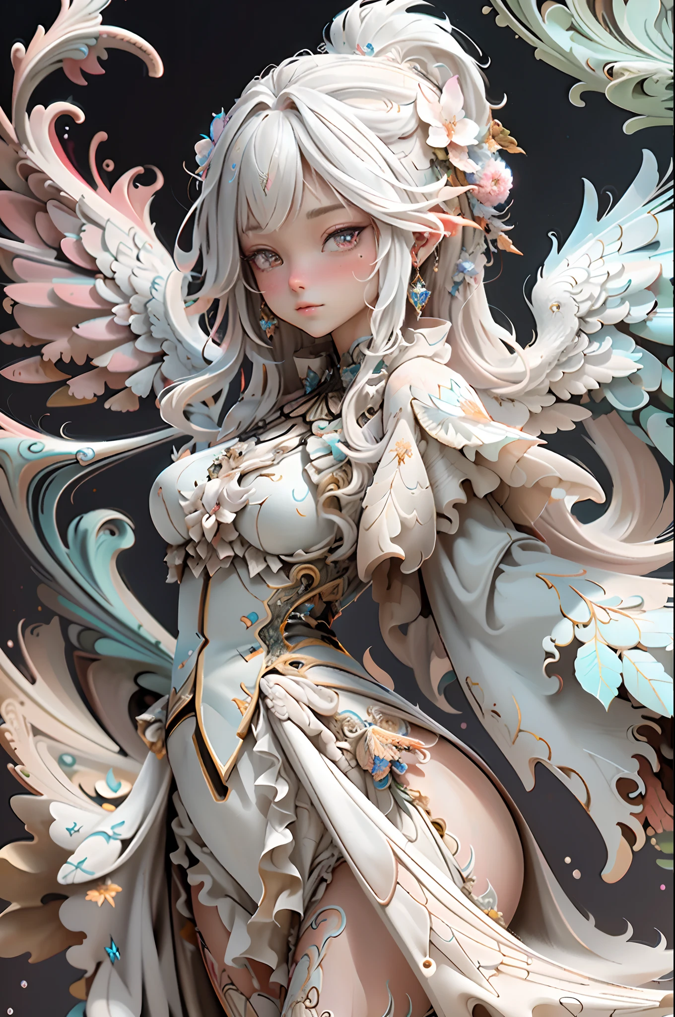 Top quality, offcial art, Beautiful and aesthetic:1.2), (1girll), anglewings, (Full of wings), Wrapped around the wings, (White feathers), extreme detailed details, (Fractal art:1.3), Colorful, Highly detailed, A MILF
