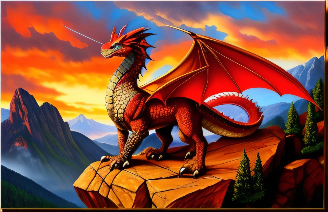 a dragon on a rock with a mountain in the background, red dragon, a red dragon, european dragon, european four-legged dragon, oil painting of dragon, d&d