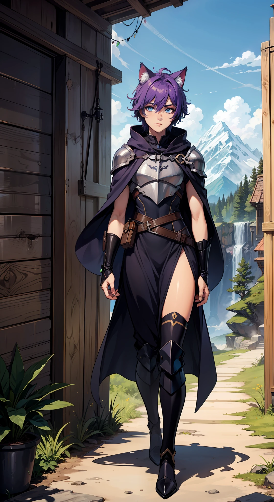 1boy, purple hair, vibrant blue eyes, cat ears, cat tail, staring at viewer, black slim armor, cloak, masterpiece, vibrant colors, shadows, tall, mountain setting, effeminine