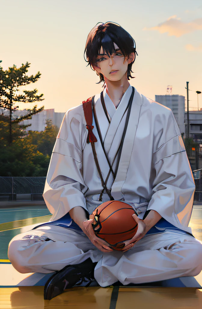 There is a man shooting basketball, Young European Boys, 18-year-old model, japanes, taken with canon eos 5 d mark iv, Realistic Men's Models, Basketball court,silber hair,cool, Hair length is middle,