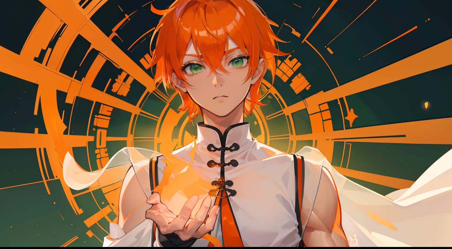 (((Guy))), (((man))), (((Man's))),(((masutepiece))), (((Beautiful lighting))),(((muscular))),(((man))),(((40 years),(((Green eyes))),(((Orange hair))), Male face,male eyebrows, Male Eyes, Eyelashes, Medium Hair,Beautiful face, v shaped_eyebrow,White skin,Transparent wings,Chinese_Clothes,(((Black clothes,)))garters_lanyard, See-through,The light of the Buddha shines, holy,