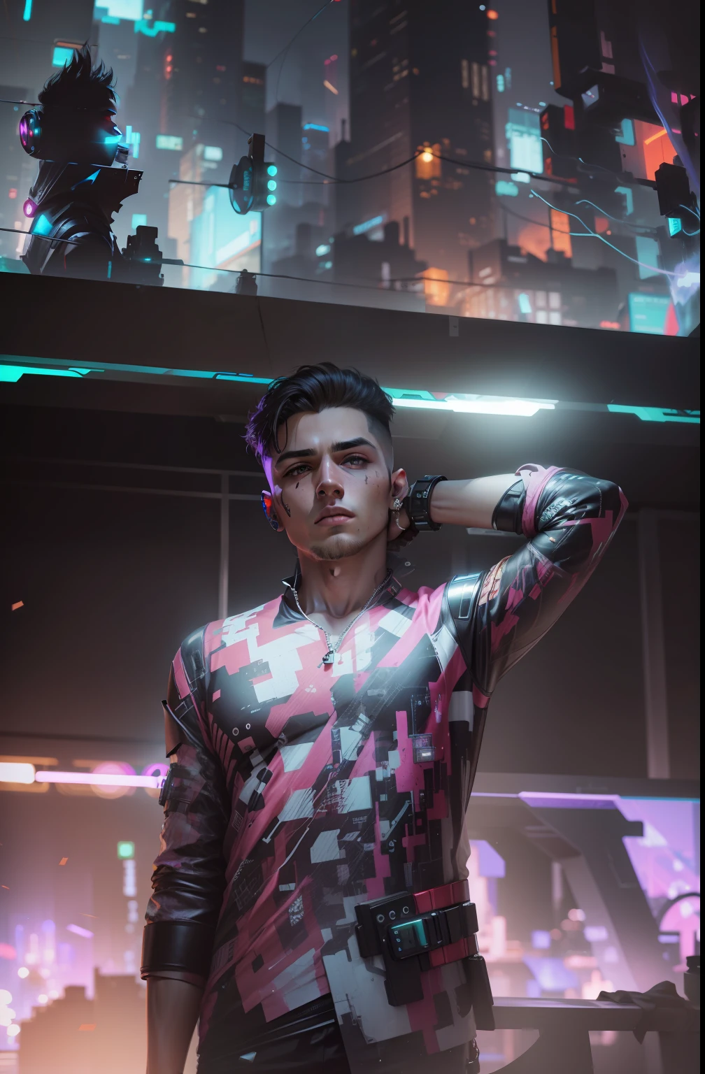 Change background cyberpunk handsome boy, realistic face, 8k, ultra realistic,